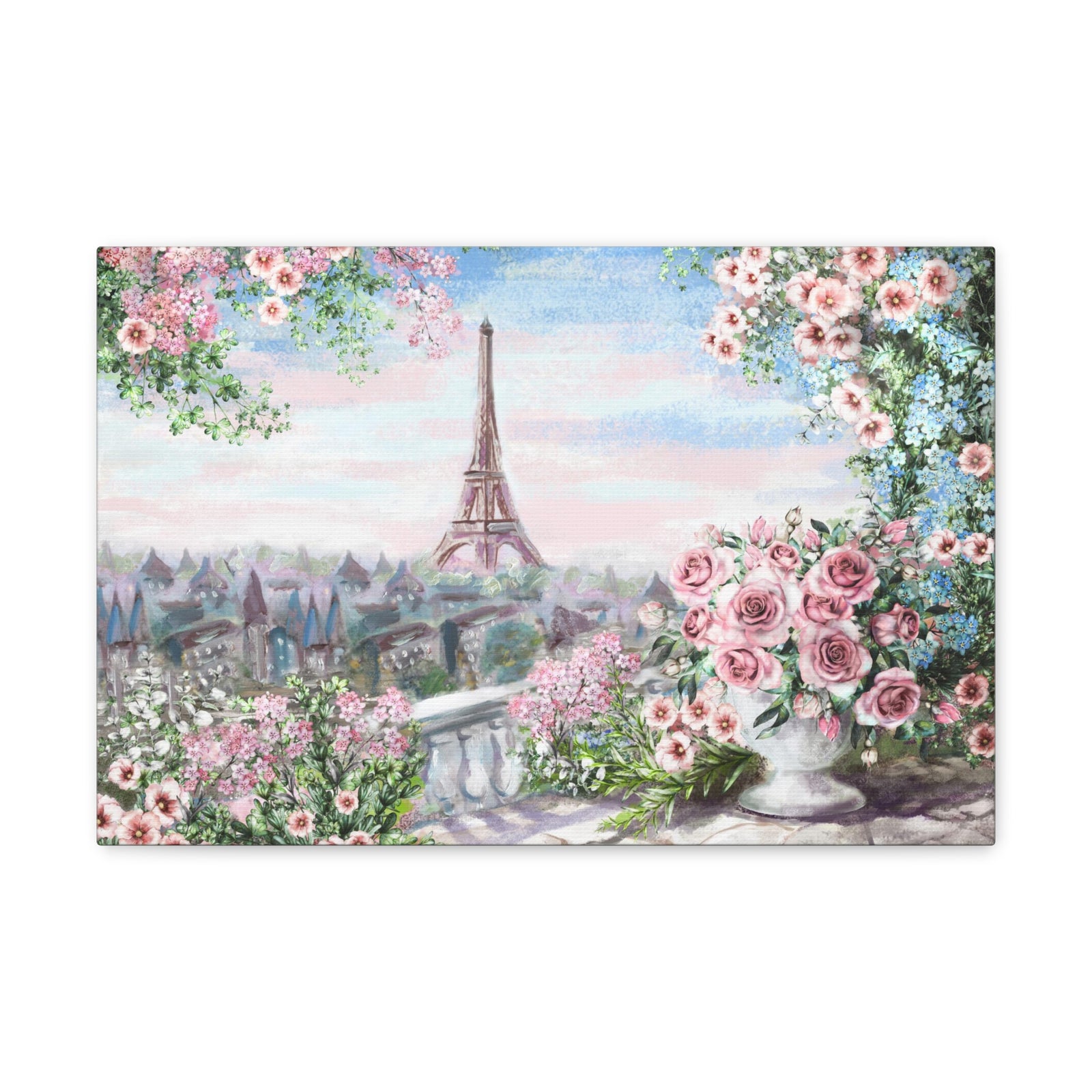 Paris Roses Pink Eiffel Tower France Canvas Artwork High-Quality Breathtaking French City for Home Decor Ready to Hang-Express Your Love Gifts