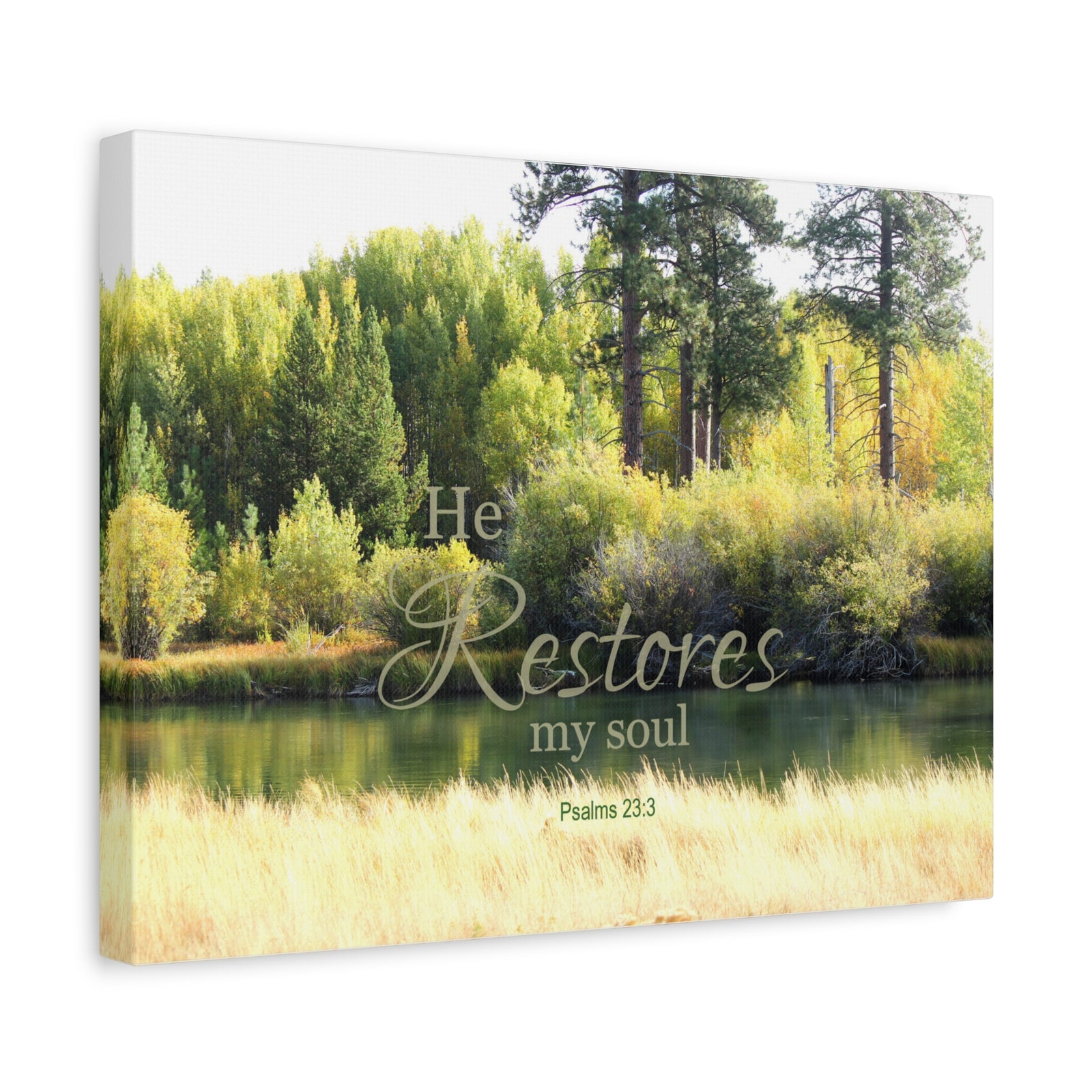Scripture Canvas He Restores Psalm 23:3 Christian Wall Art Bible Verse Print Ready to Hang-Express Your Love Gifts
