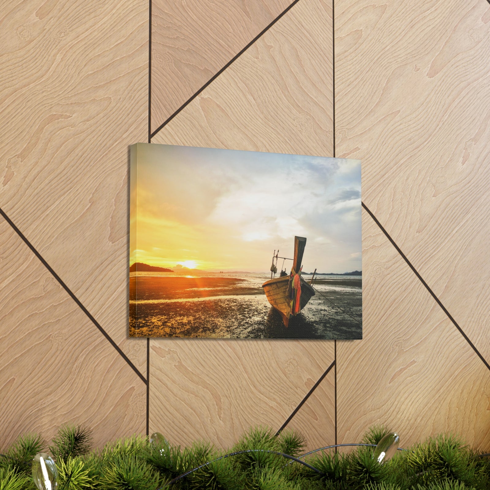 Longtail Boat Sunset Time Ocean Canvas Wall Art for Home Decor Ready-to-Hang-Express Your Love Gifts