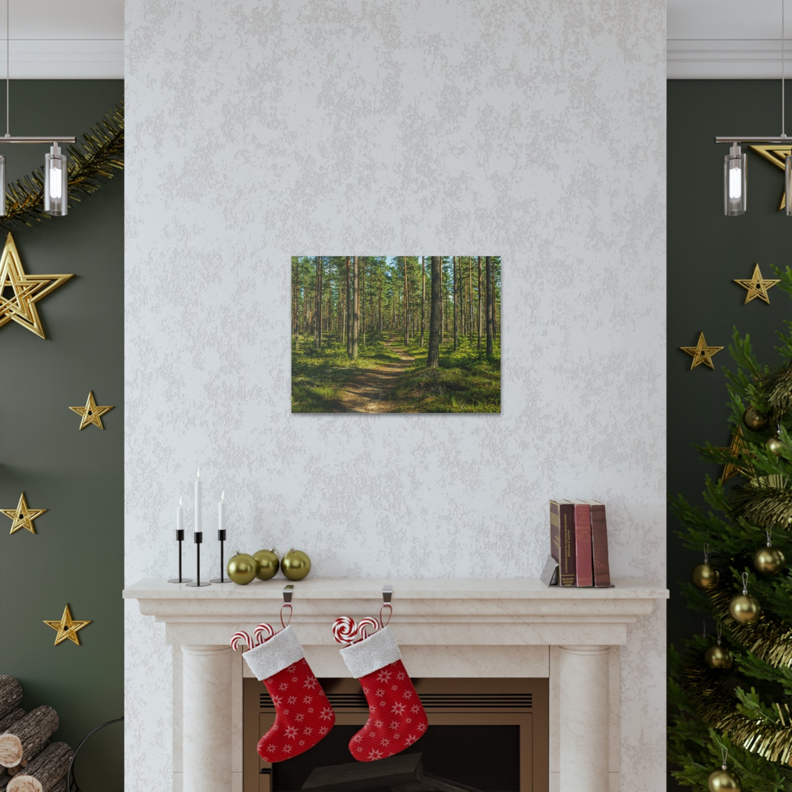 Green Forest Tree Path Nature Wilderness Photography Canvas Wall Art for Home Decor Ready-to-Hang-Express Your Love Gifts