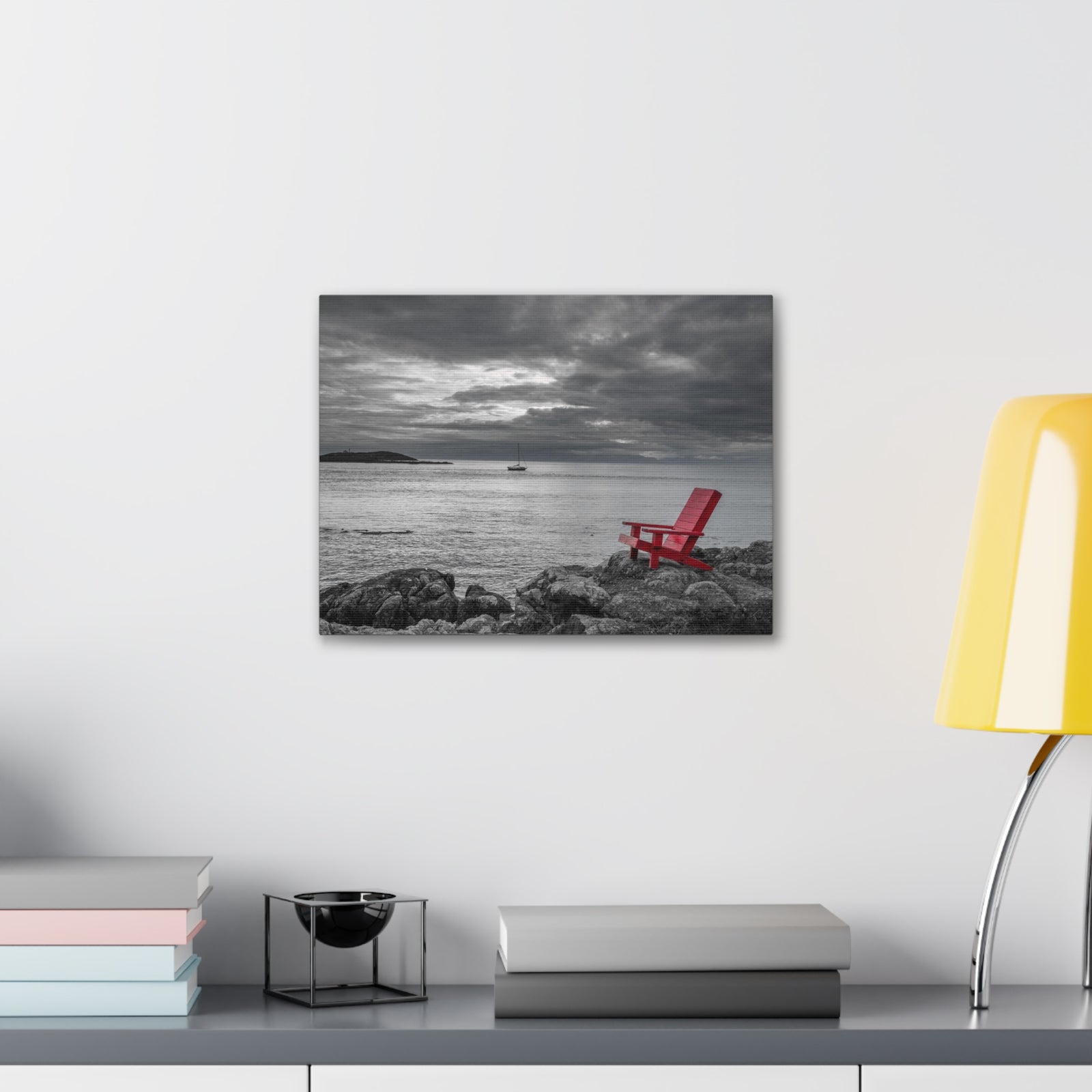 Red Chair On Ocean Side Rocks Ocean Canvas Wall Art for Home Decor Ready-to-Hang-Express Your Love Gifts
