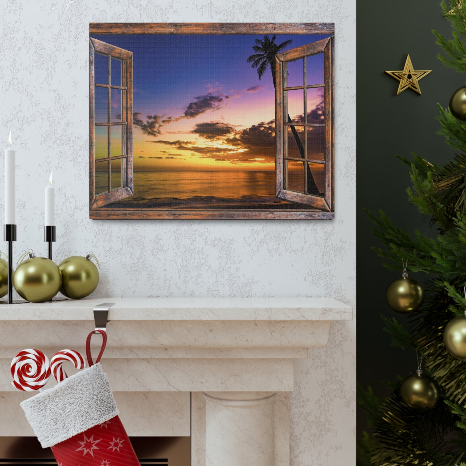 Canvas Print Wall Art Window Sunset Sea Nature Photography Realism Scenic Landscape Colorful Multicolor for Home Decor Ready to Hang-Express Your Love Gifts