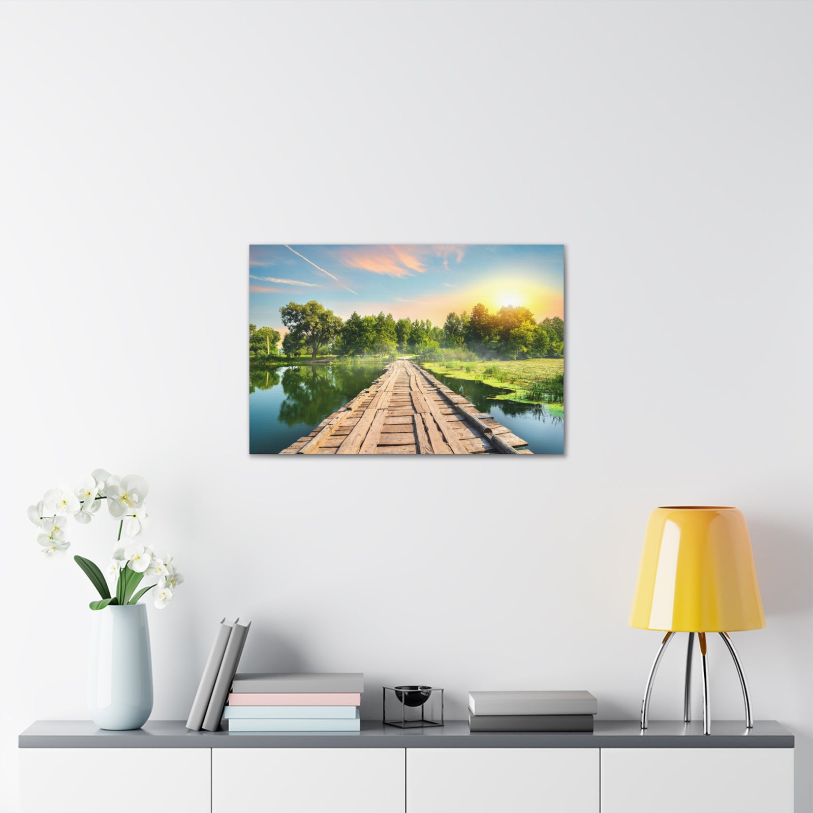 Lake at Dawn Wooden Bridge Nature Wilderness Photography Canvas Wall Art for Home Decor Ready-to-Hang-Express Your Love Gifts