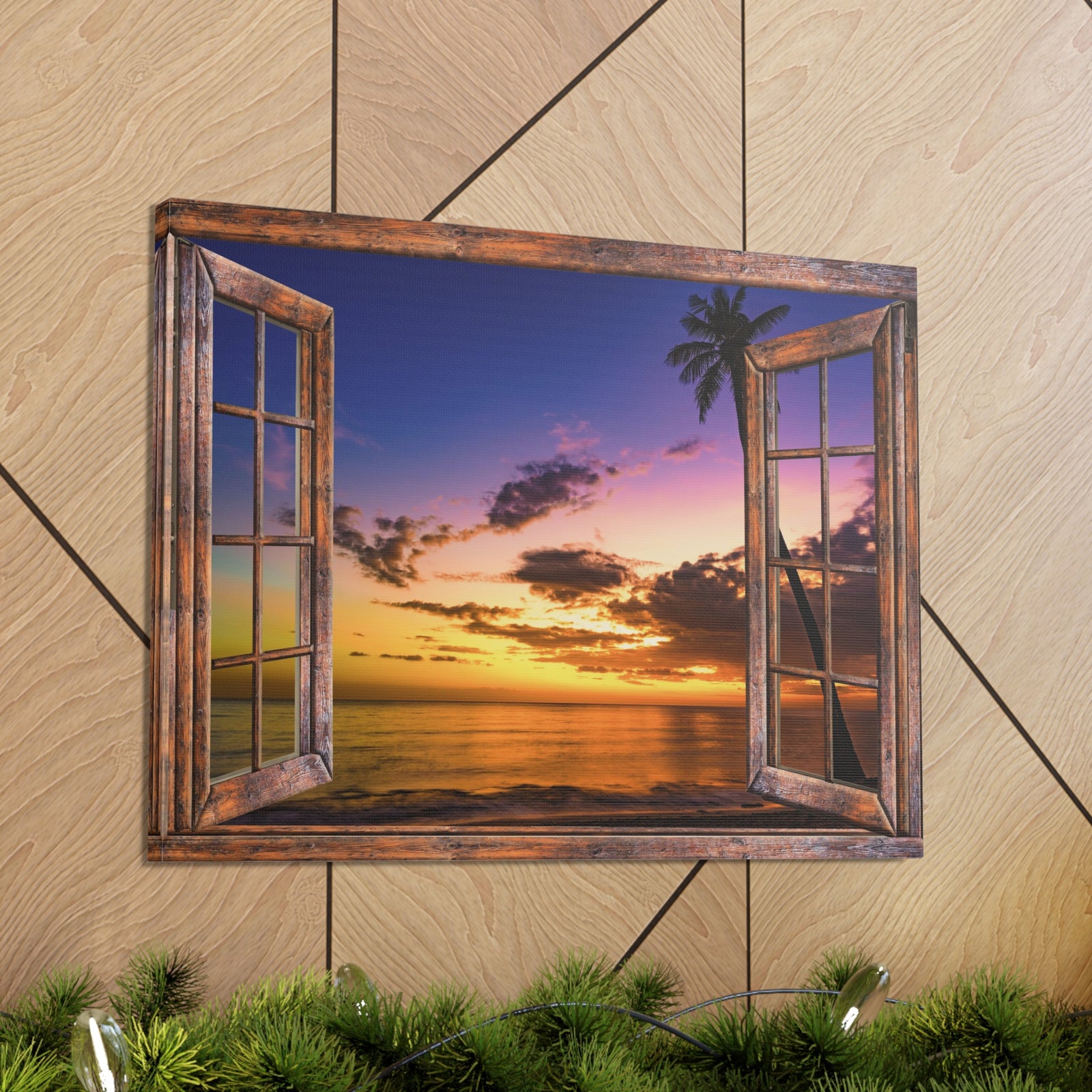 Canvas Print Wall Art Window Sunset Sea Nature Photography Realism Scenic Landscape Colorful Multicolor for Home Decor Ready to Hang-Express Your Love Gifts