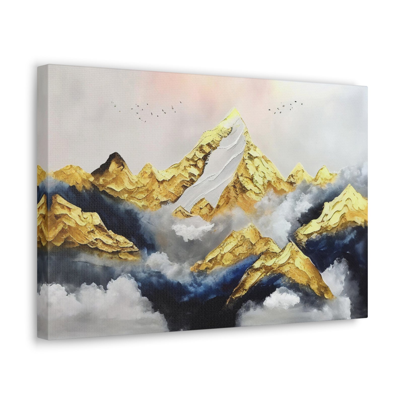 Mountaintop Landscape Birds Flying White Gold and Blue Painting Canvas Wall Art for Home Decor Ready-to-Hang-Express Your Love Gifts
