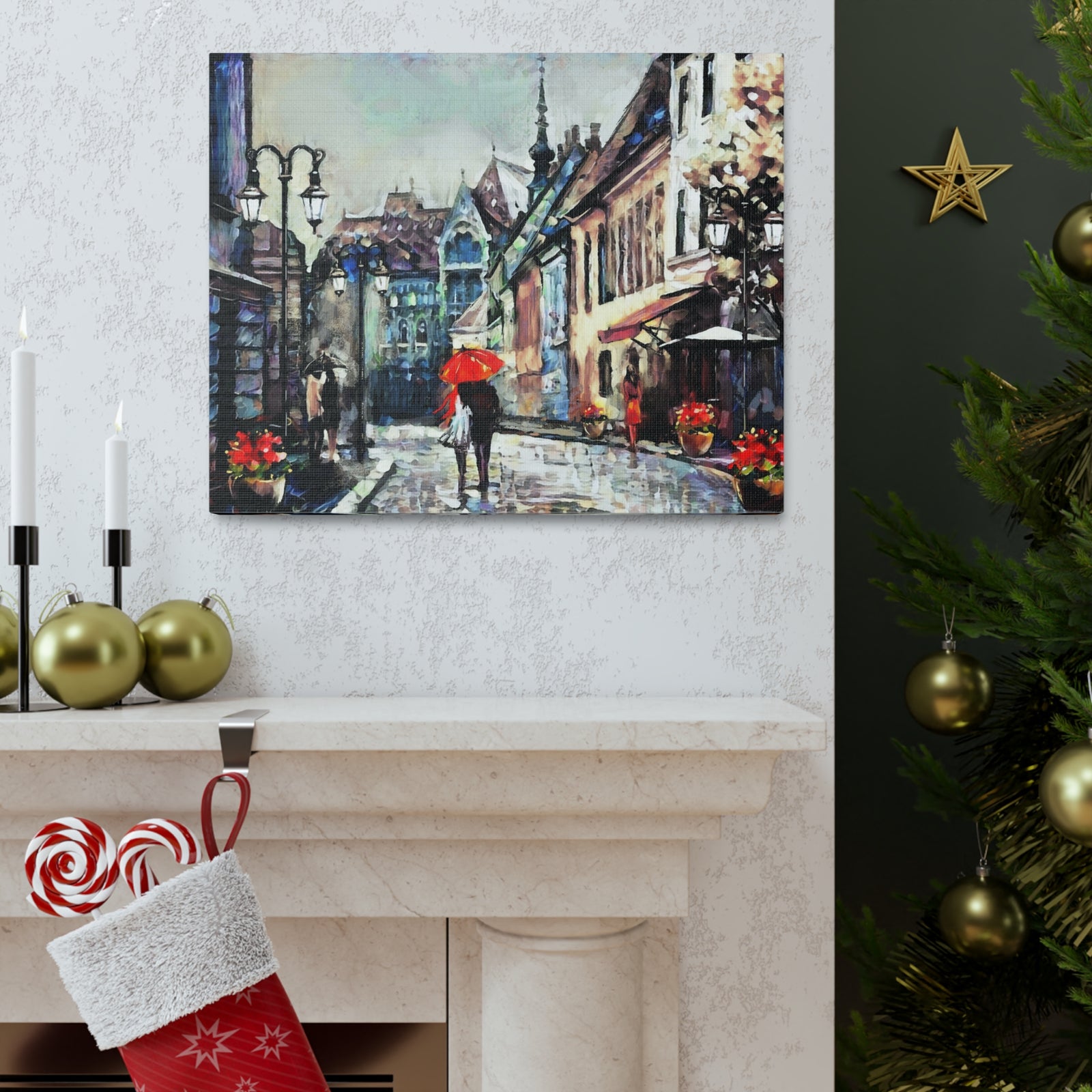 Paris Street View Couple With Red Umbrella France Canvas Artwork High-Quality Breathtaking French City for Home Decor Ready to Hang-Express Your Love Gifts