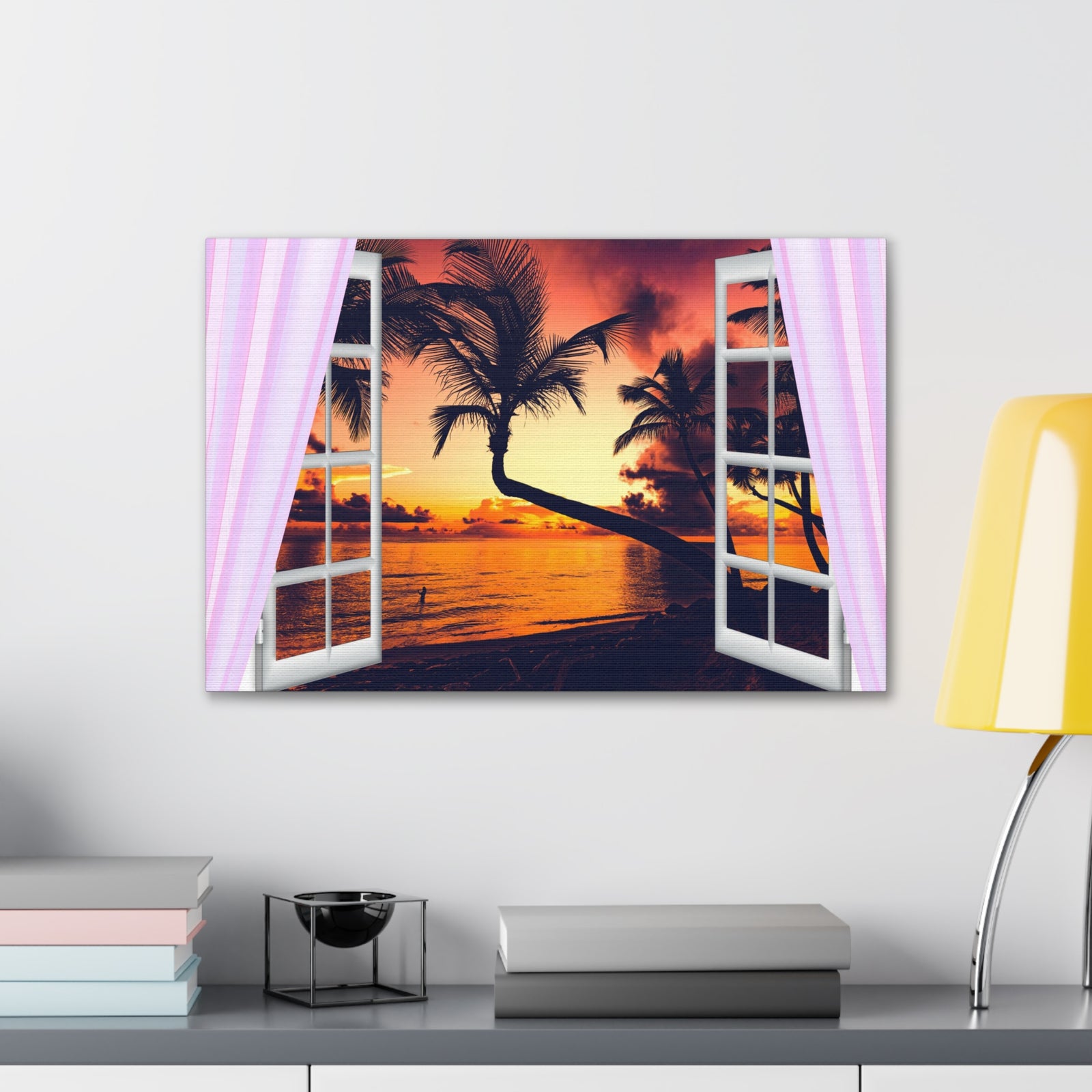 Window Open View Sea Sunset Sun In The Clouds Ocean Canvas Wall Art for Home Decor Ready-to-Hang-Express Your Love Gifts