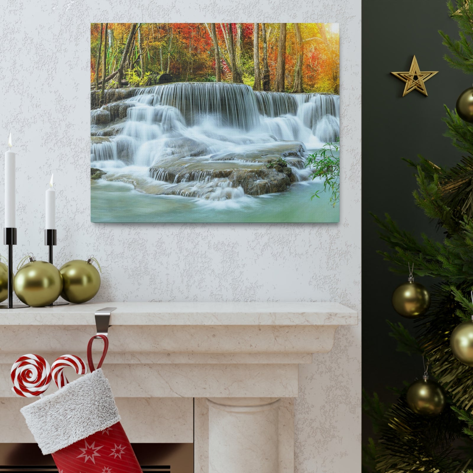 Cascading Autumn Forest Waterfall Nature Wilderness Photography Canvas Wall Art for Home Decor Ready-to-Hang-Express Your Love Gifts