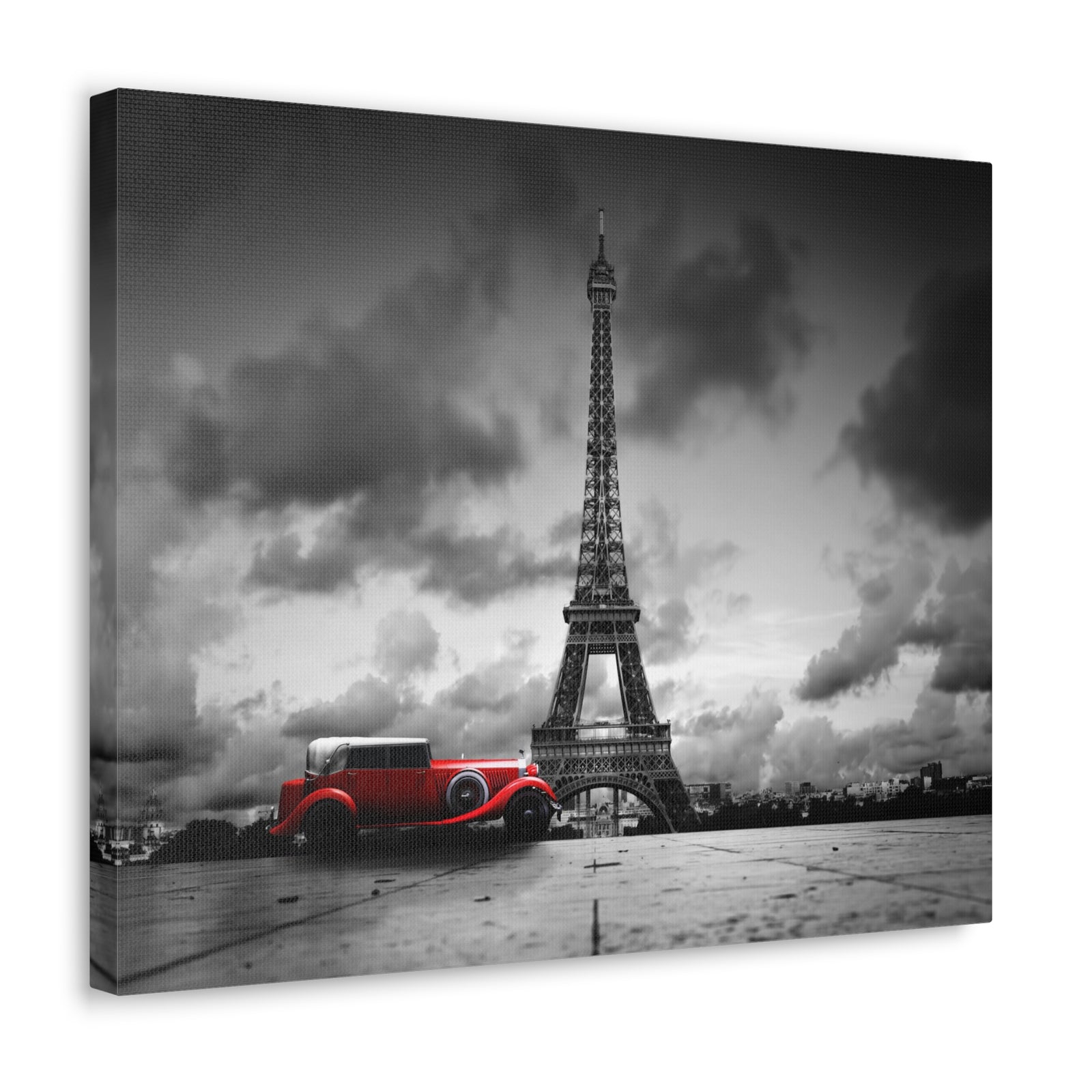 Eiffel Tower And Red Retro Car, France Canvas Artwork High-Quality Breathtaking French City for Home Decor Ready to Hang -Express Your Love Gifts