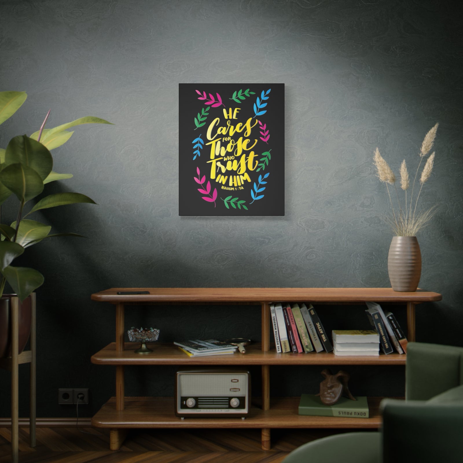 Scripture Canvas Trust In Him Nahum 1:7A Christian Wall Art Bible Verse Print Ready to Hang-Express Your Love Gifts