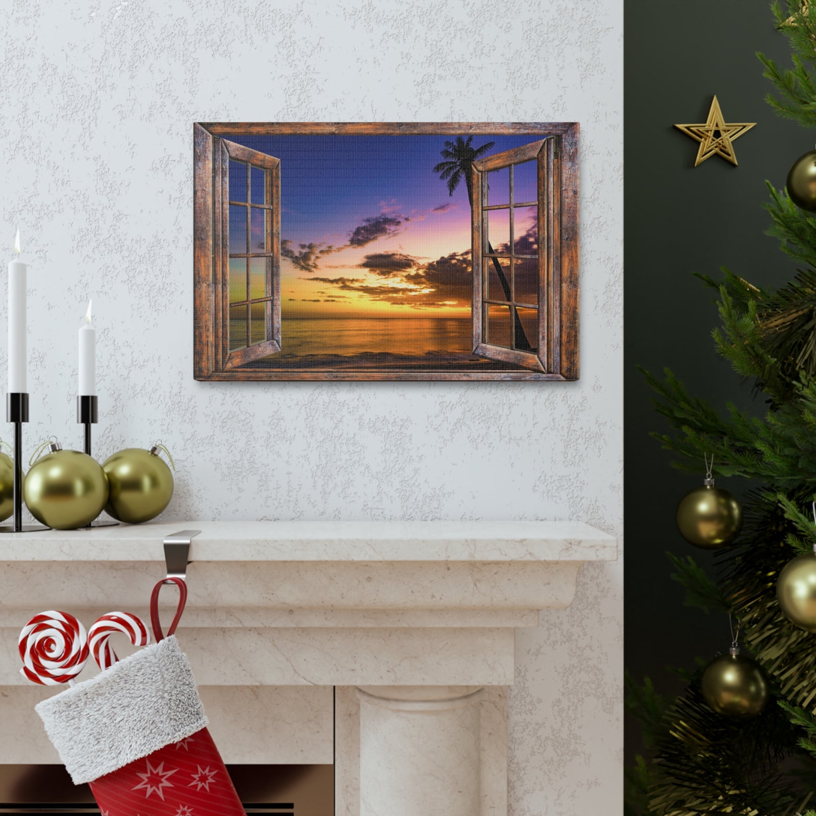 Canvas Print Wall Art Window Sunset Sea Nature Photography Realism Scenic Landscape Colorful Multicolor for Home Decor Ready to Hang-Express Your Love Gifts