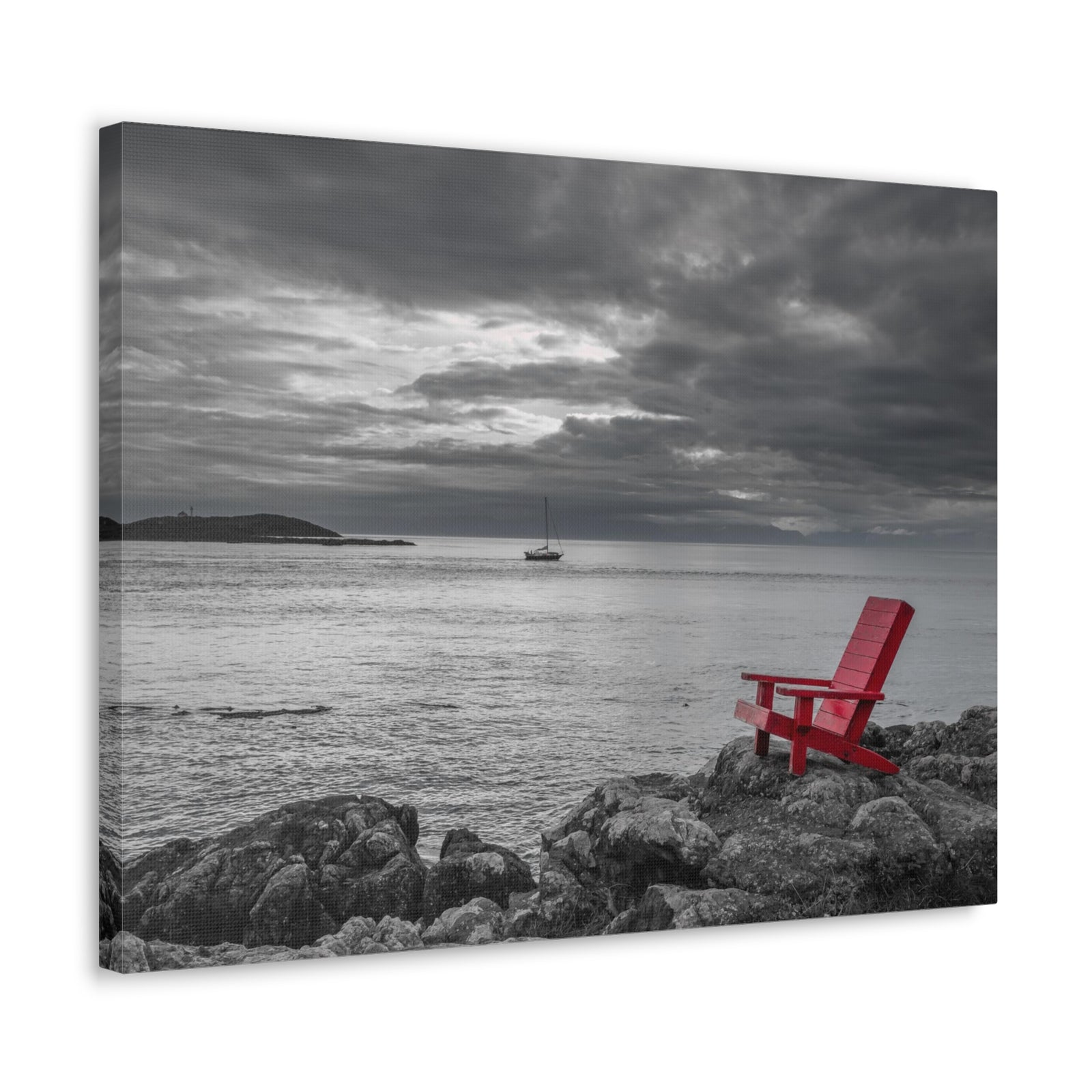 Red Chair On Ocean Side Rocks Ocean Canvas Wall Art for Home Decor Ready-to-Hang-Express Your Love Gifts