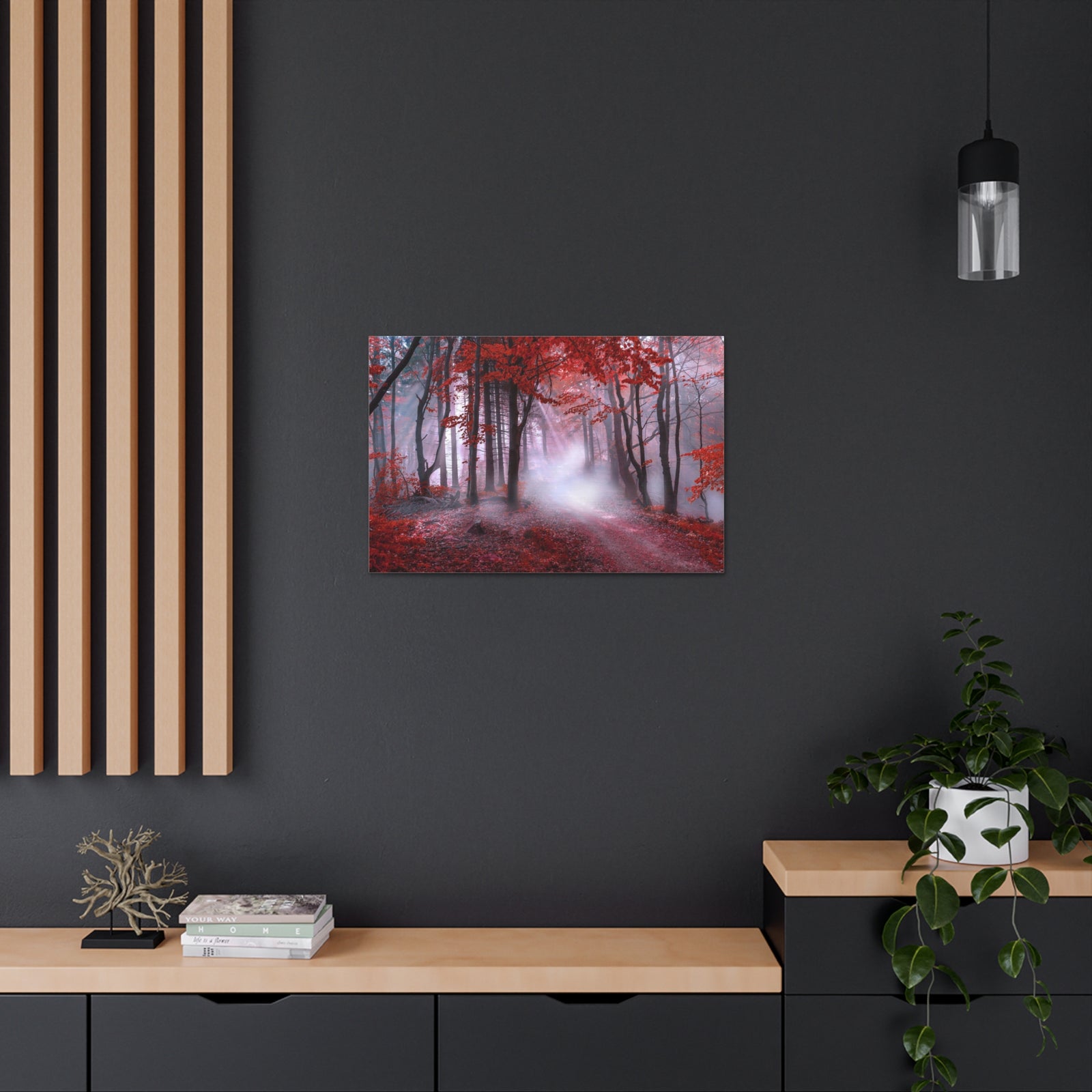 Foggy Autumn Forest Orange Leaves Nature Wilderness Photography Canvas Wall Art for Home Decor Ready-to-Hang-Express Your Love Gifts