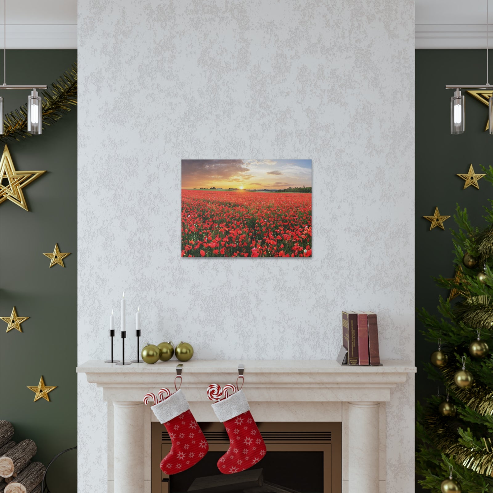 Nice Sunset Over Poppy Field Flower Canvas Wall Art for Home Decor Ready-to-Hang-Express Your Love Gifts
