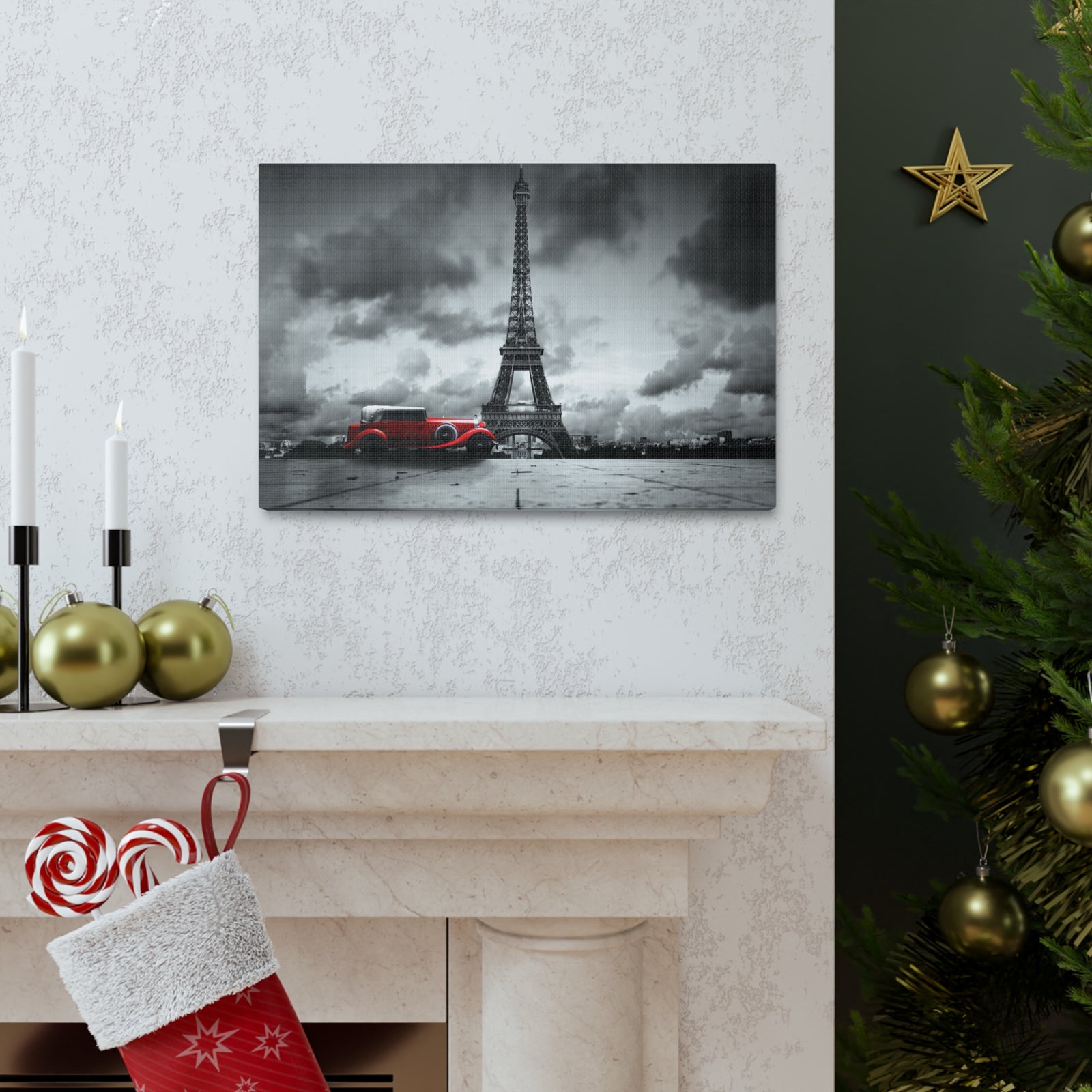 Eiffel Tower Skyline Black White Rain Red Umbrella Canvas Artwork High-Quality Breathtaking Stunning Cityscape for Home Decor Ready to Hang-Express Your Love Gifts
