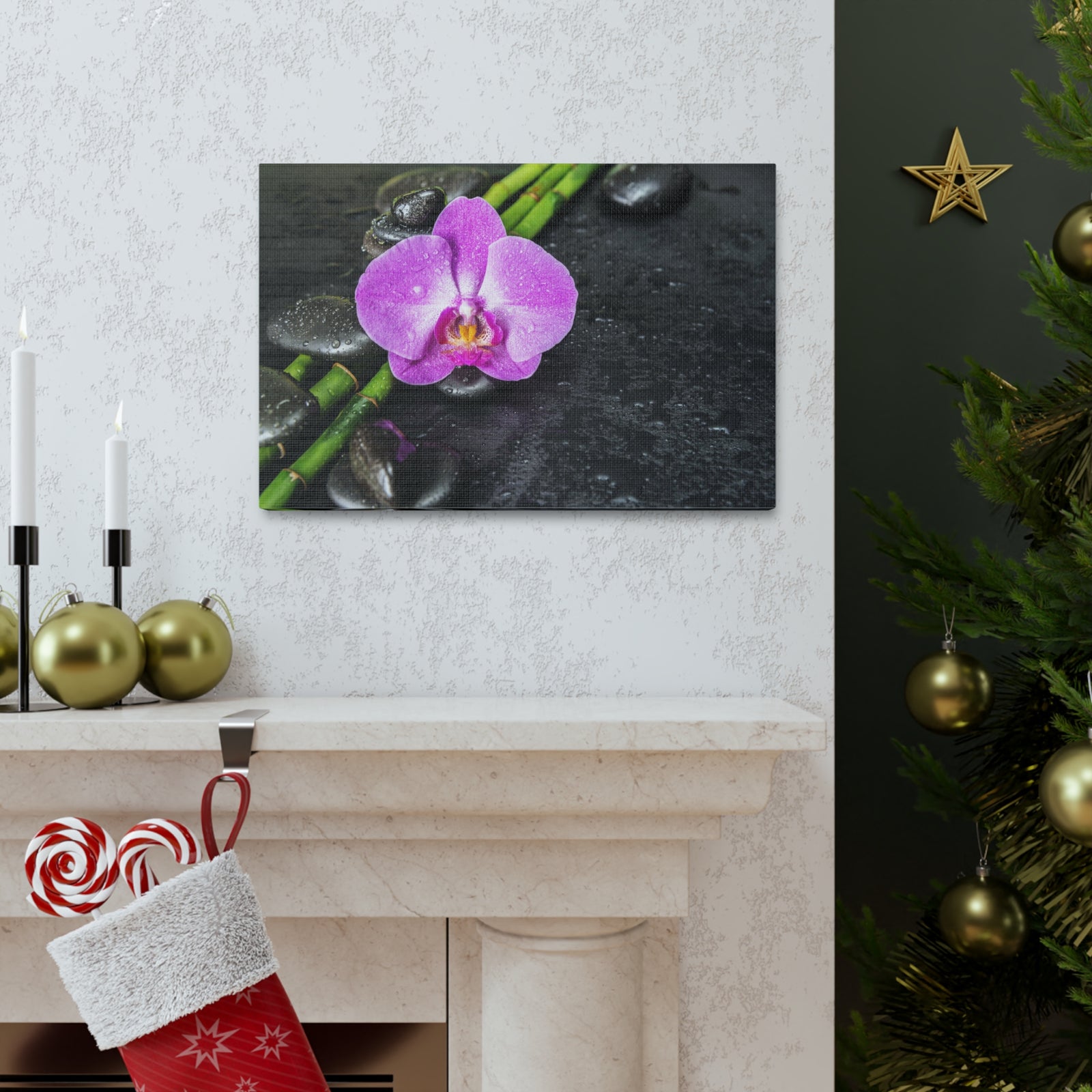 Pink Orchid and Stone Forest Floral Nature Photography Canvas Wall Art for Home Decor Ready-to-Hang-Express Your Love Gifts