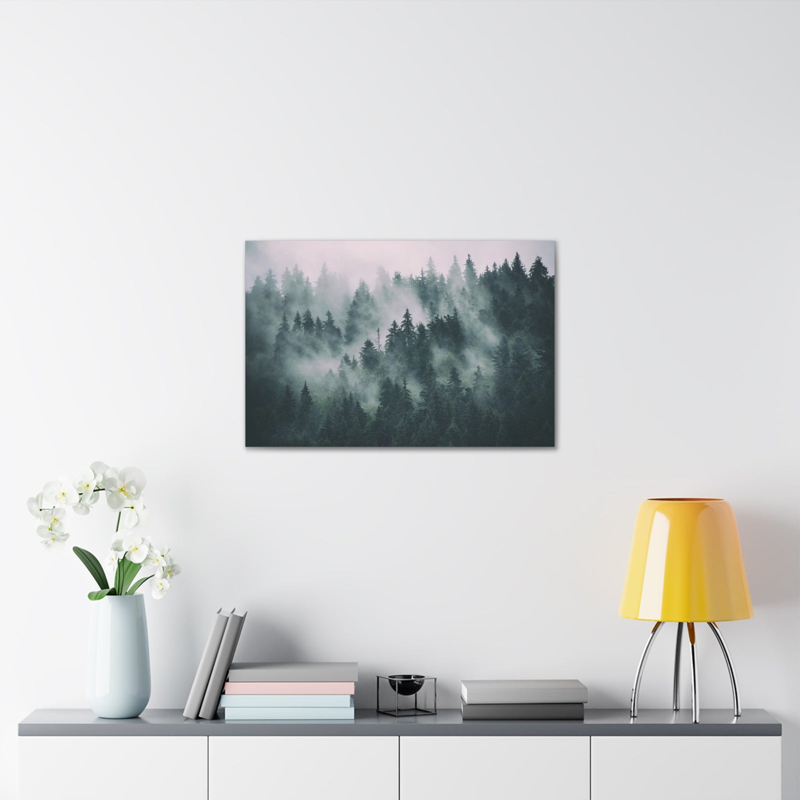 Misty Green Forest Pine Tree Nature Wilderness Photography Canvas Wall Art for Home Decor Ready-to-Hang-Express Your Love Gifts