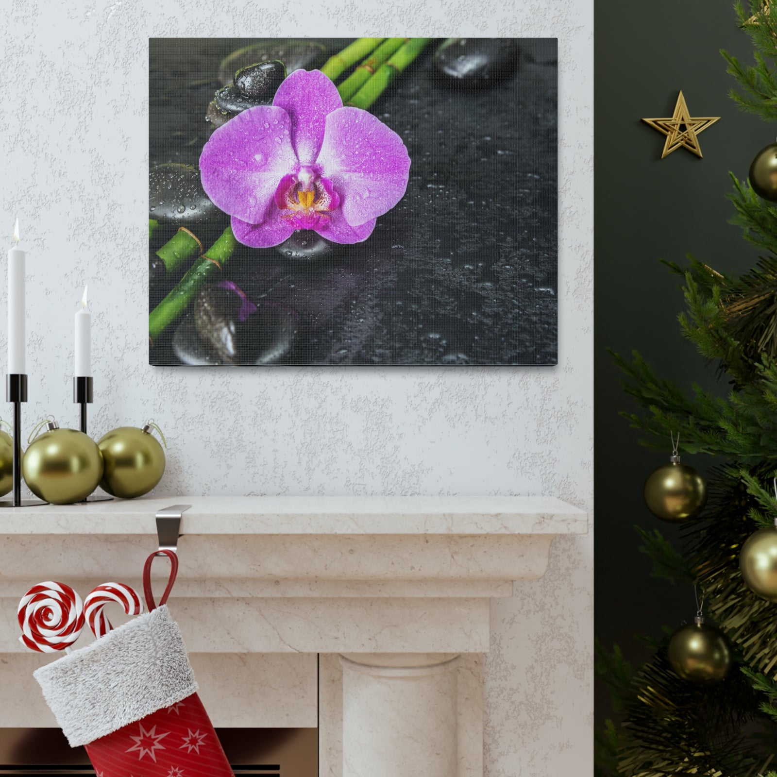 Pink Orchid and Stone Forest Floral Nature Photography Canvas Wall Art for Home Decor Ready-to-Hang-Express Your Love Gifts