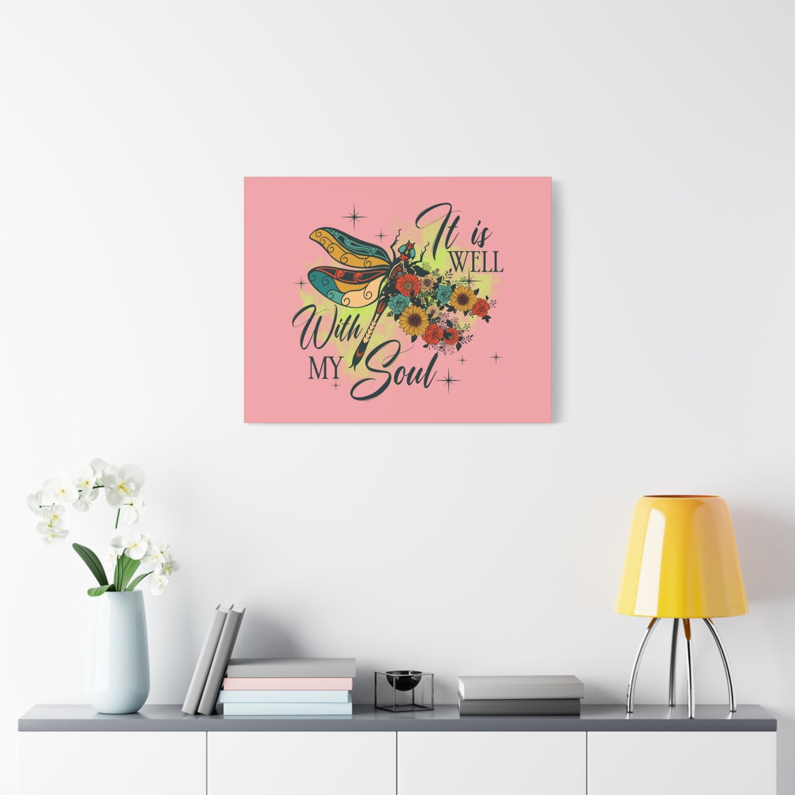 Scripture Canvas It Is Well Psalm 42:7 Dragonfly Green Christian Wall Art Bible Verse Print Ready to Hang-Express Your Love Gifts