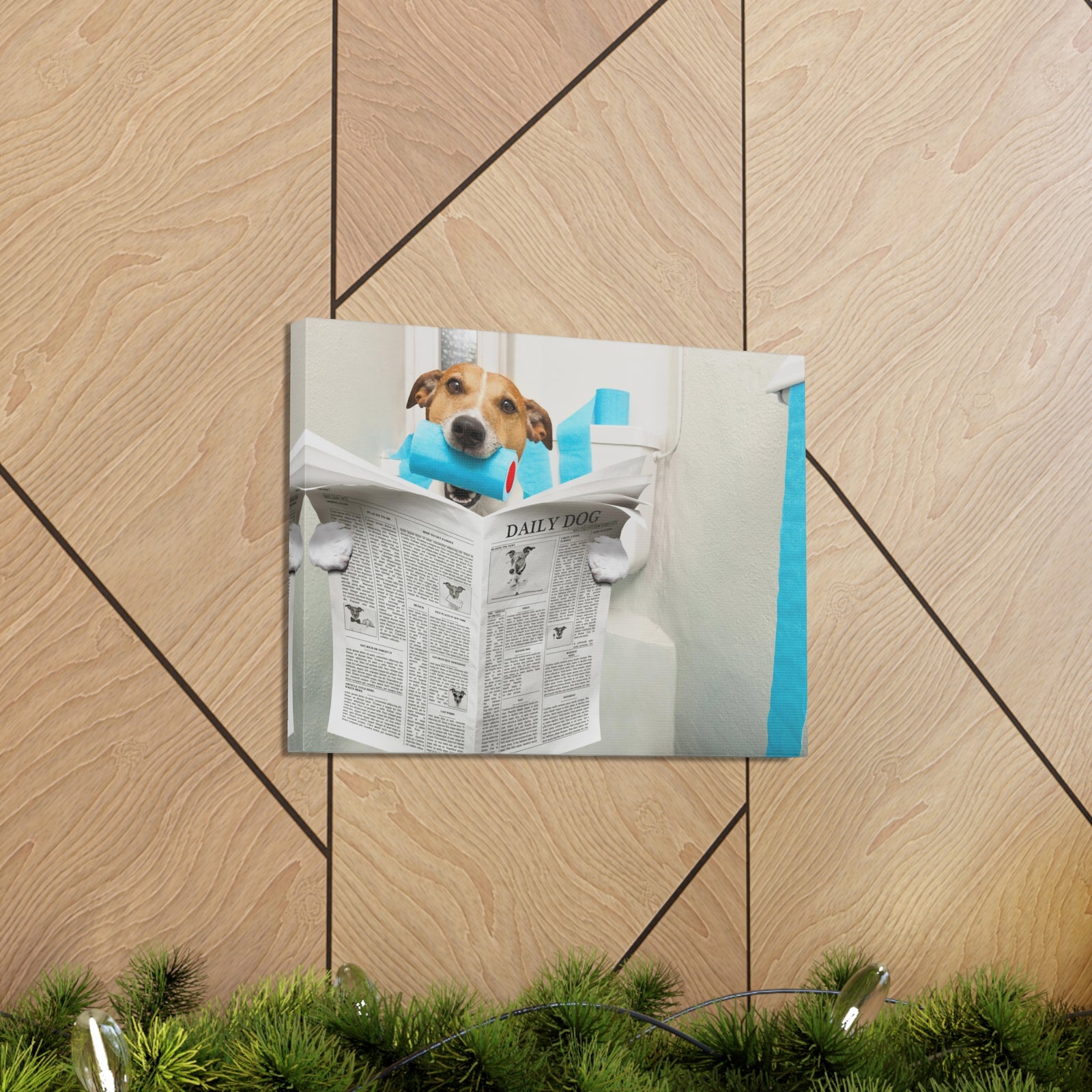 Jack Russell Terrier Biting Tissue Reading Newspaper On Toilet Funny Canvas Wall Art for Home Decor Ready-to-Hand-Express Your Love Gifts