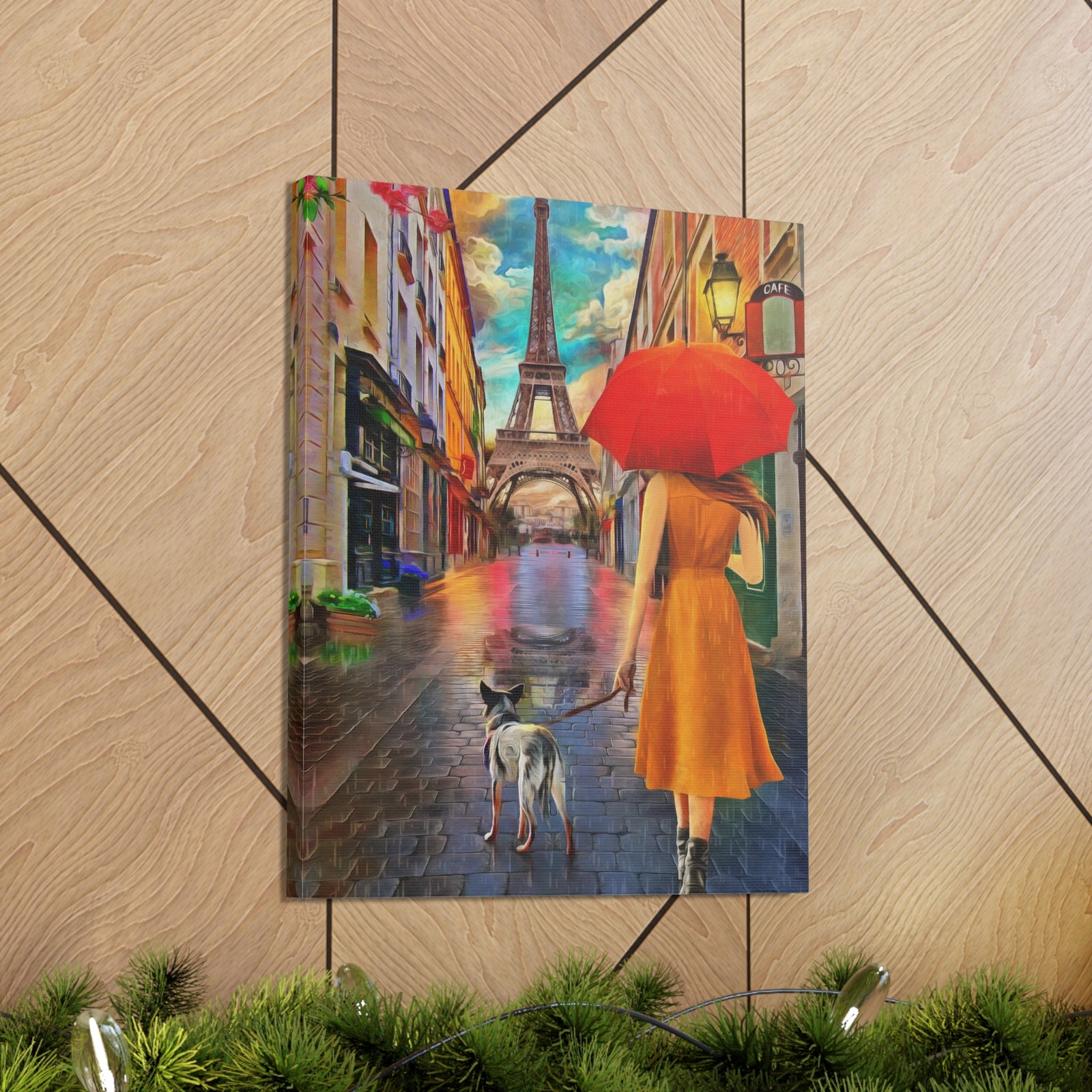 Paris Yellow Dress Red Umbrella Paris Eiffel Tower Couple France Canvas Artwork High-Quality Breathtaking French City for Home Decor Ready to Hang-Express Your Love Gifts