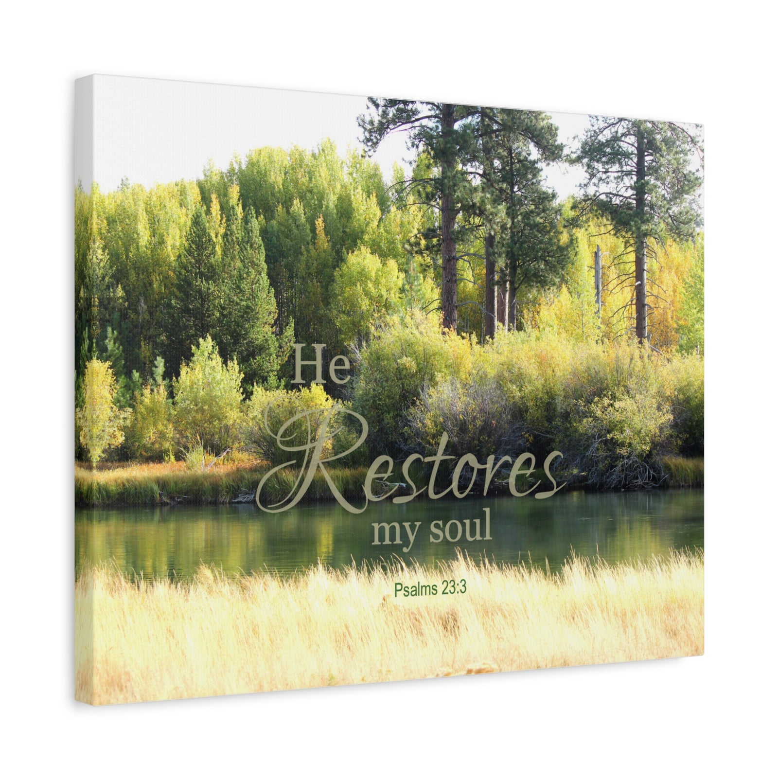Scripture Canvas He Restores Psalm 23:3 Christian Wall Art Bible Verse Print Ready to Hang-Express Your Love Gifts
