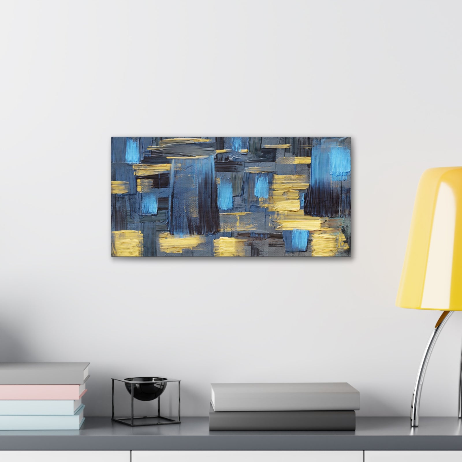Textured Abstract Acrylic Painting Hand Painted Blue Black Yellow Canvas Wall Art for Home Decor Ready-to-Hang-Express Your Love Gifts