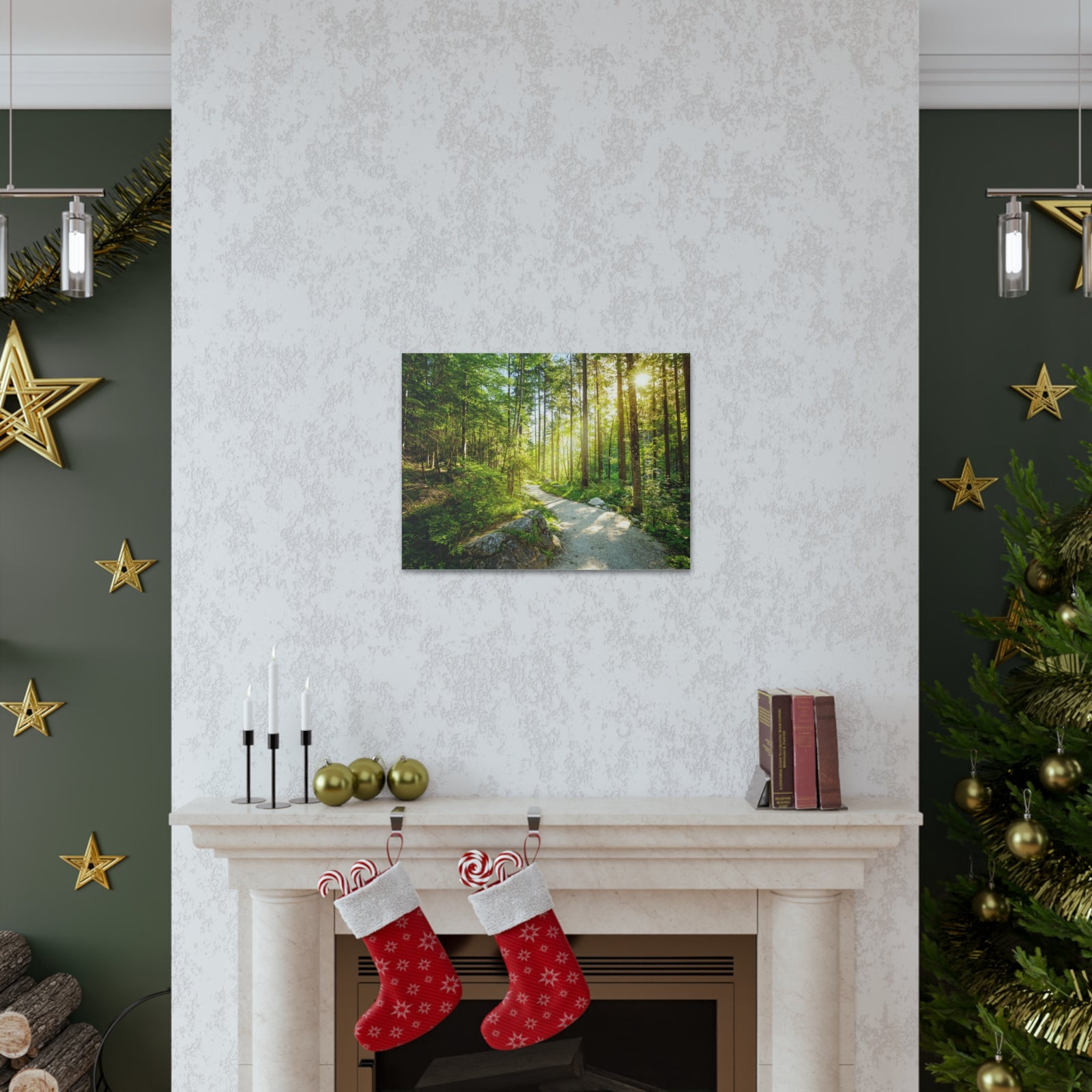 Sunlight Passing Through Green Forest Path Nature Wilderness Photography Canvas Wall Art for Home Decor Ready-to-Hang-Express Your Love Gifts