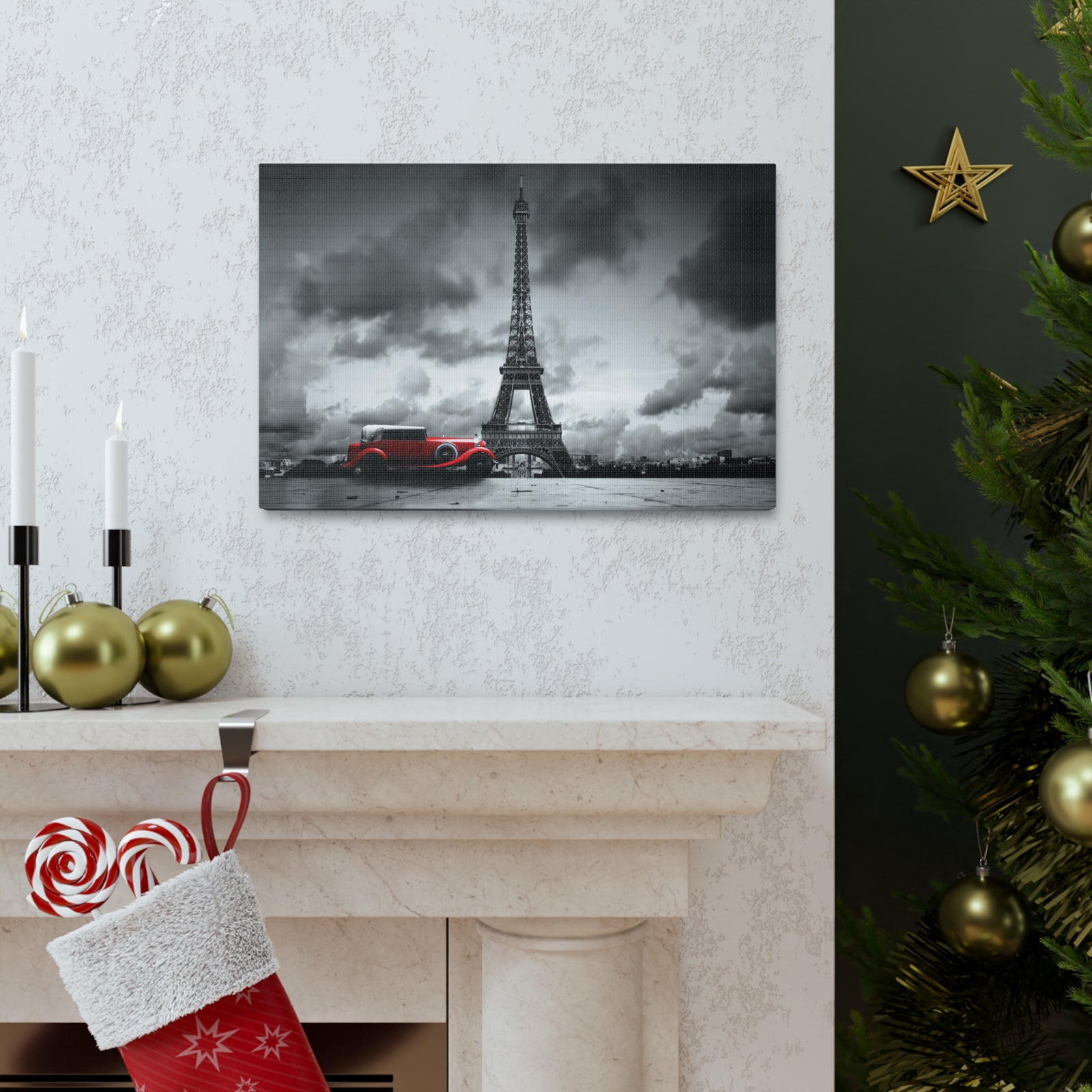Eiffel Tower And Red Retro Car, France Canvas Artwork High-Quality Breathtaking French City for Home Decor Ready to Hang -Express Your Love Gifts