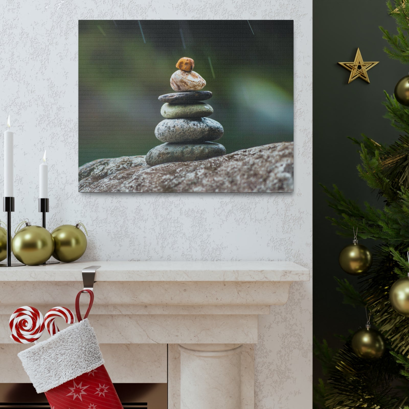 Rocks in Peaceful Rainforest Forest Floral Nature Photography Canvas Wall Art for Home Decor Ready-to-Hang-Express Your Love Gifts