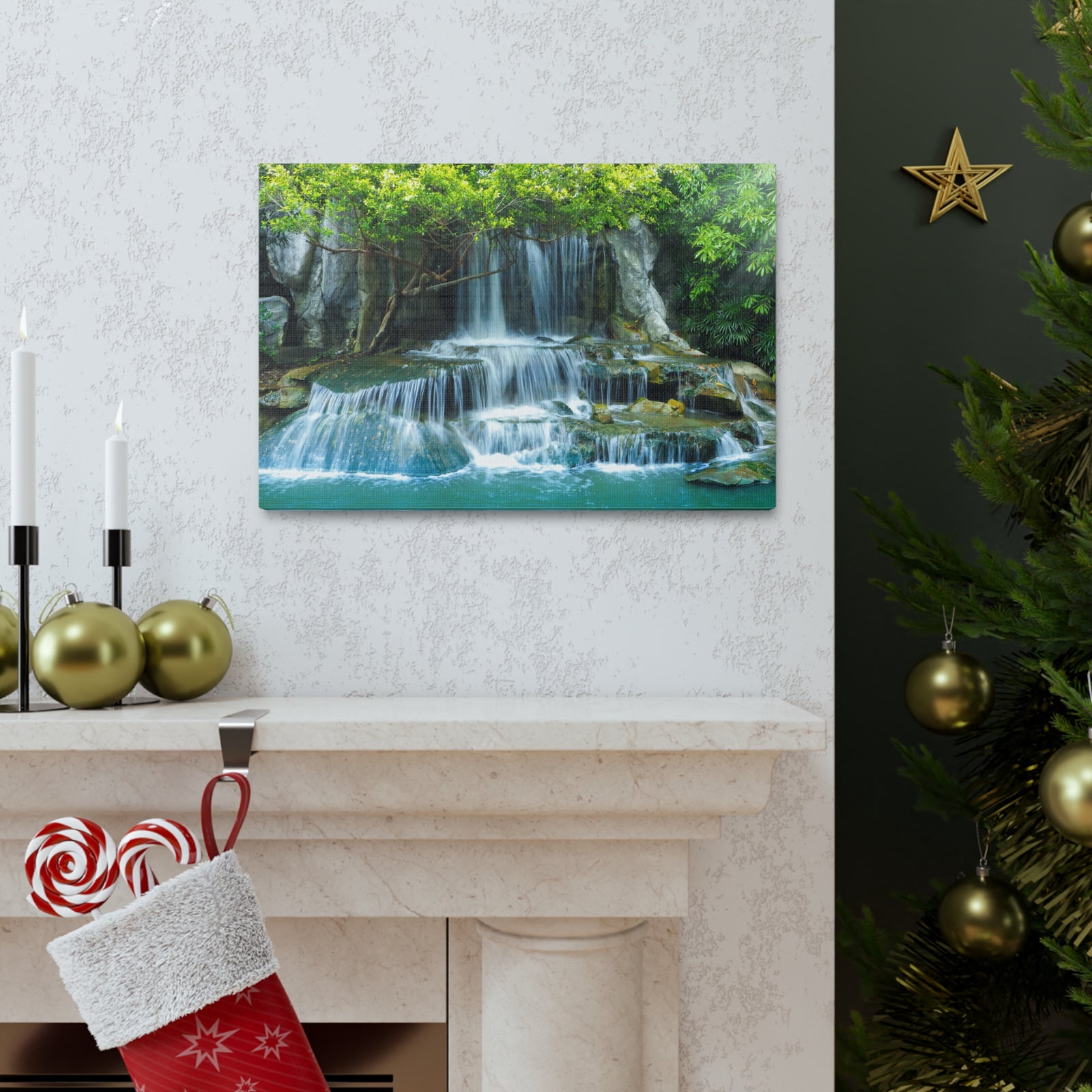 Forest Jungle Cascading Waterfall Nature Wilderness Photography Canvas Wall Art for Home Decor Ready-to-Hang-Express Your Love Gifts
