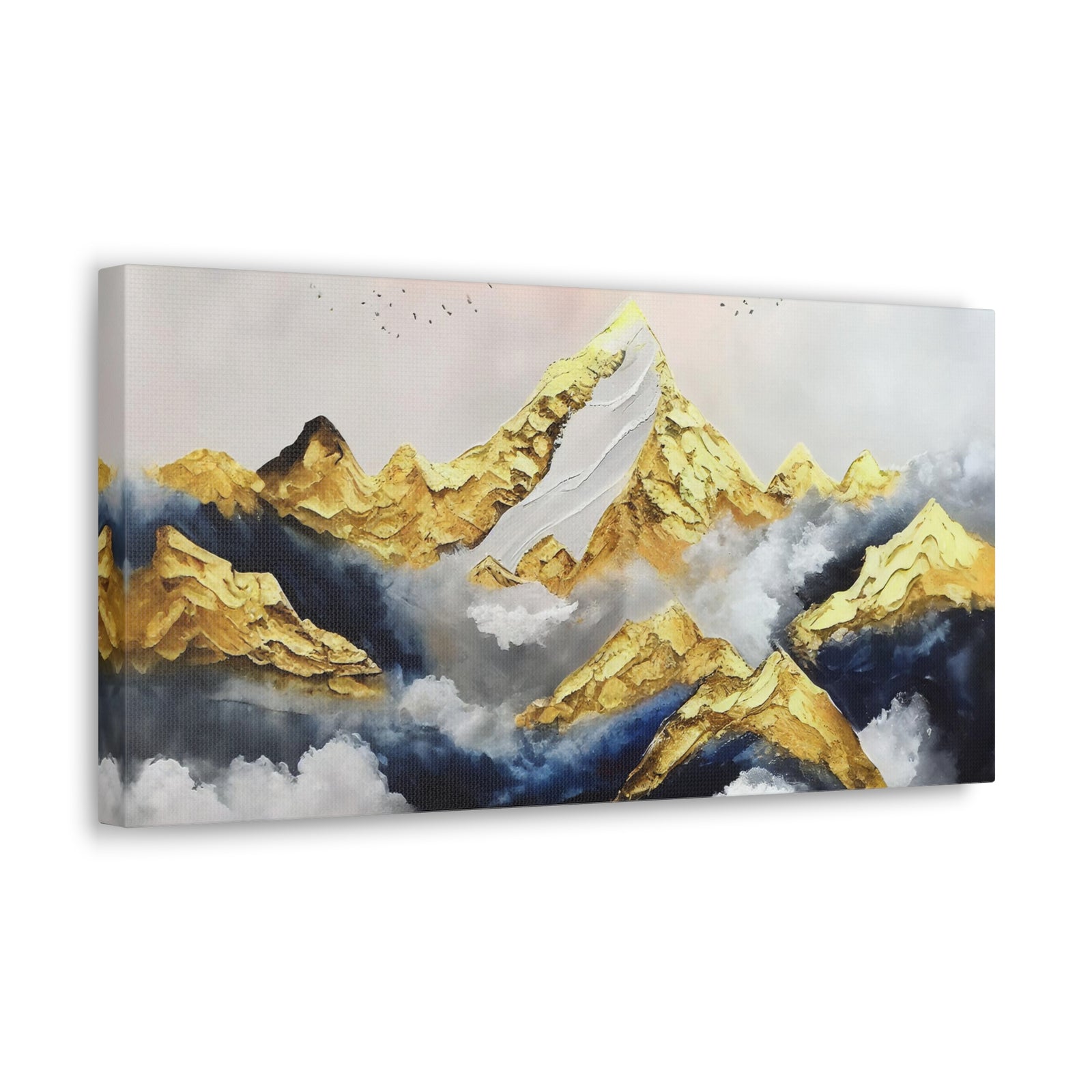 Mountaintop Landscape Birds Flying White Gold and Blue Painting Canvas Wall Art for Home Decor Ready-to-Hang-Express Your Love Gifts