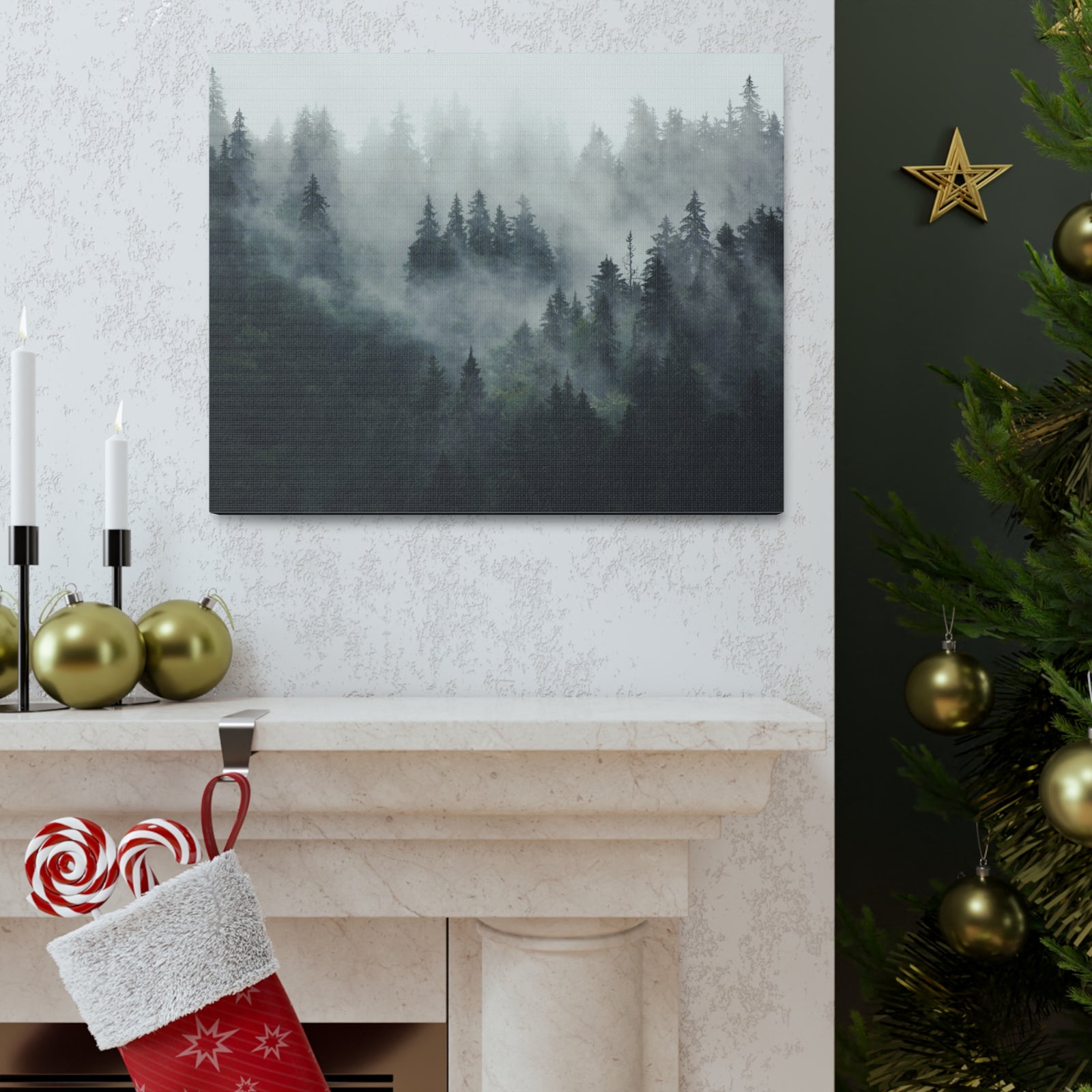 Misty Pine Tree Green Forest Nature Wilderness Photography Canvas Wall Art for Home Decor Ready-to-Hang-Express Your Love Gifts