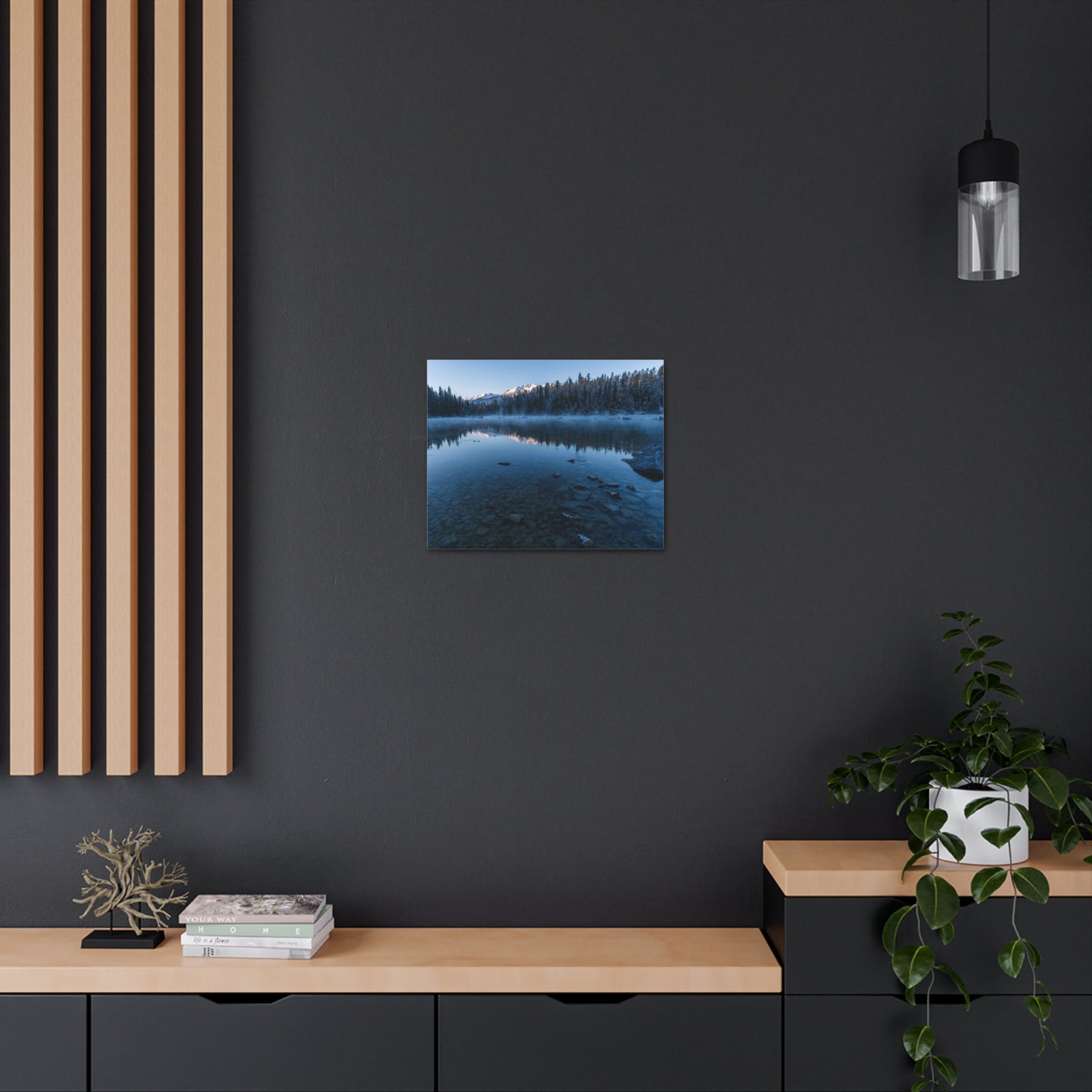 Clear Winter Lake Pine Tree Mountain Nature Wilderness Photography Canvas Wall Art for Home Decor Ready-to-Hang-Express Your Love Gifts