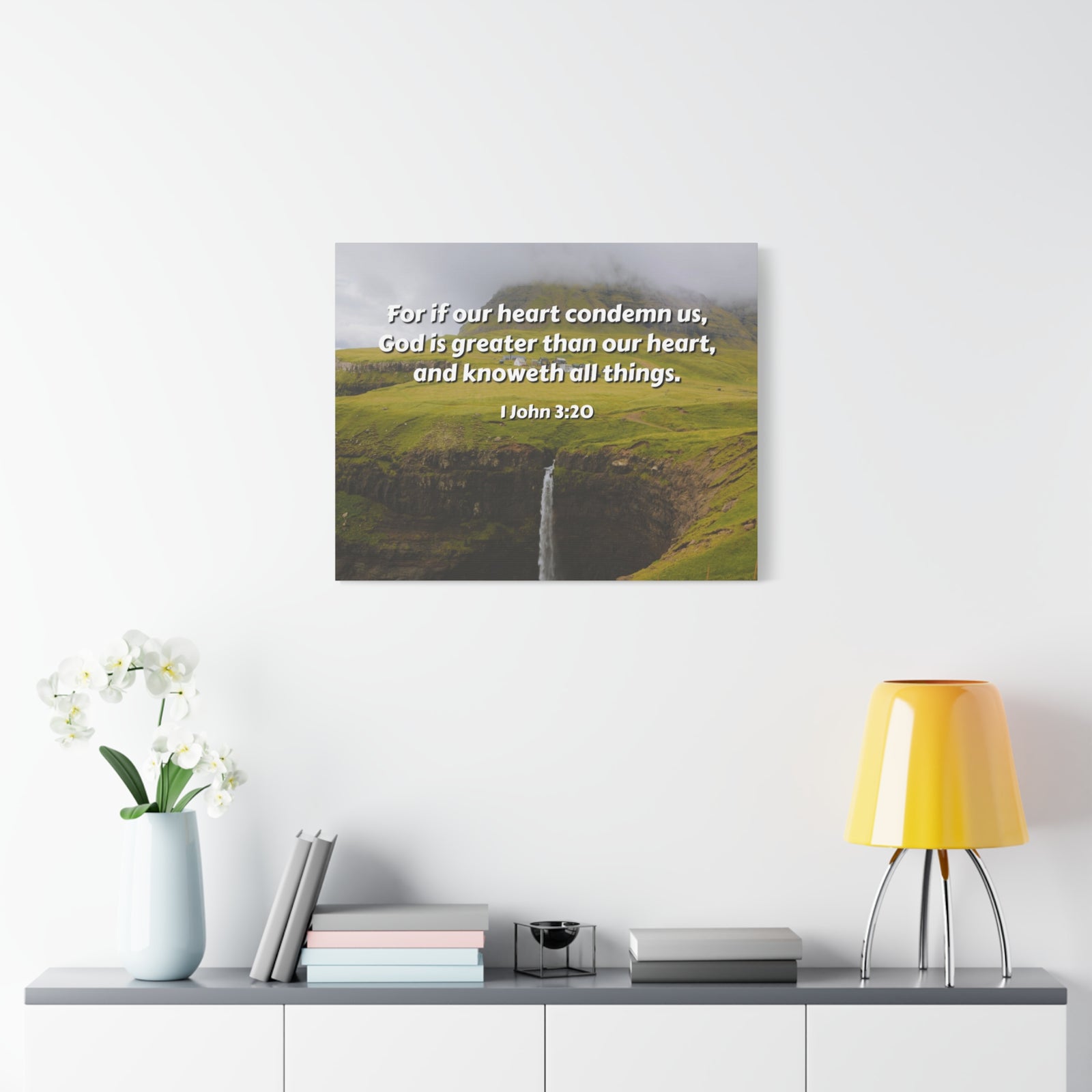 Scripture Canvas God Is Greater 1 John 3:20 Christian Wall Art Bible Verse Print Ready to Hang-Express Your Love Gifts