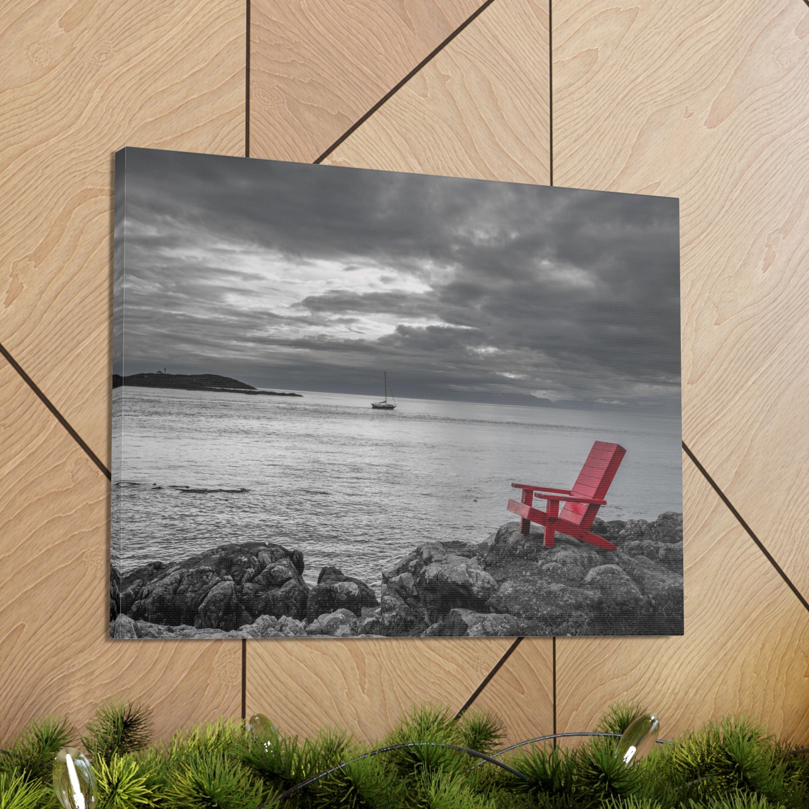 Red Chair On Ocean Side Rocks Ocean Canvas Wall Art for Home Decor Ready-to-Hang-Express Your Love Gifts