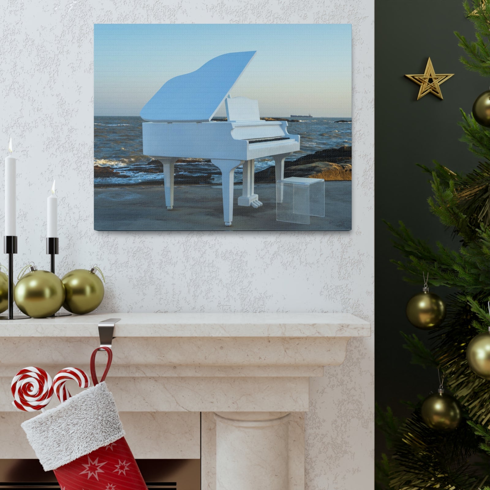 Piano White On Beach Music Lover's Delight Piano Keyboard Canvas Wall Art for Home Decor Ready-to-Hang-Express Your Love Gifts