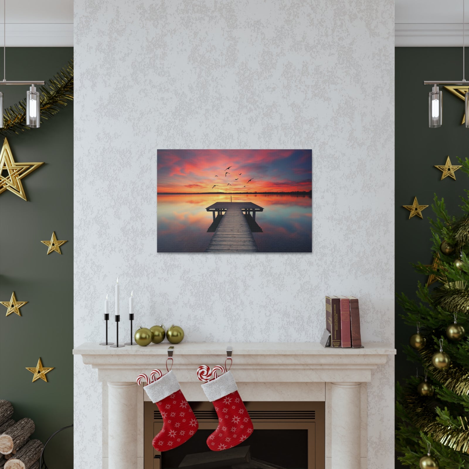 Wooden Bridge Lake View Dawn Nature Wilderness Photography Canvas Wall Art for Home Decor Ready-to-Hang-Express Your Love Gifts
