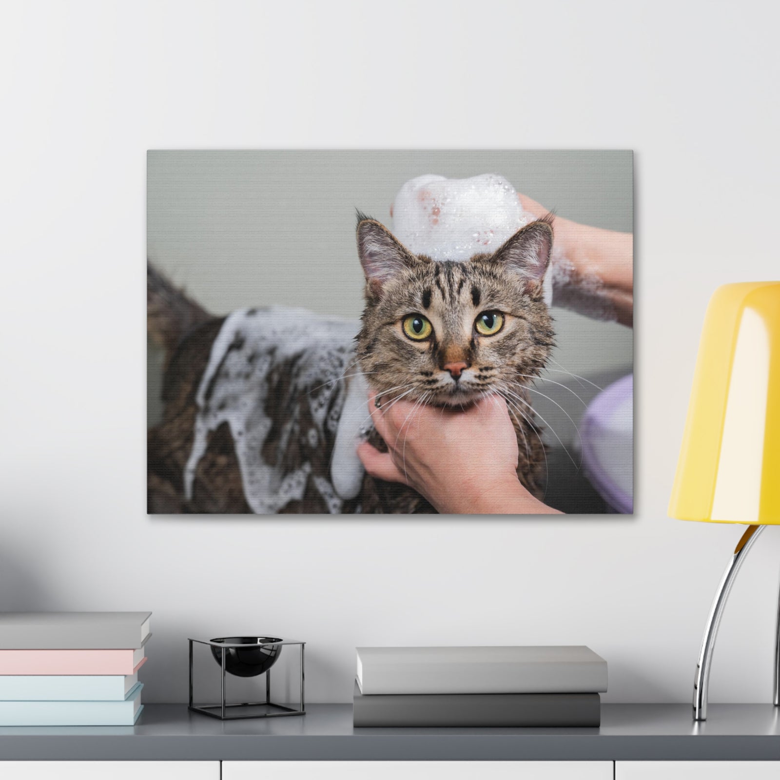 Cute Tabby Gray Cat Bathee Canvas Wall Art for Home Decor Ready-to-Hang-Express Your Love Gifts