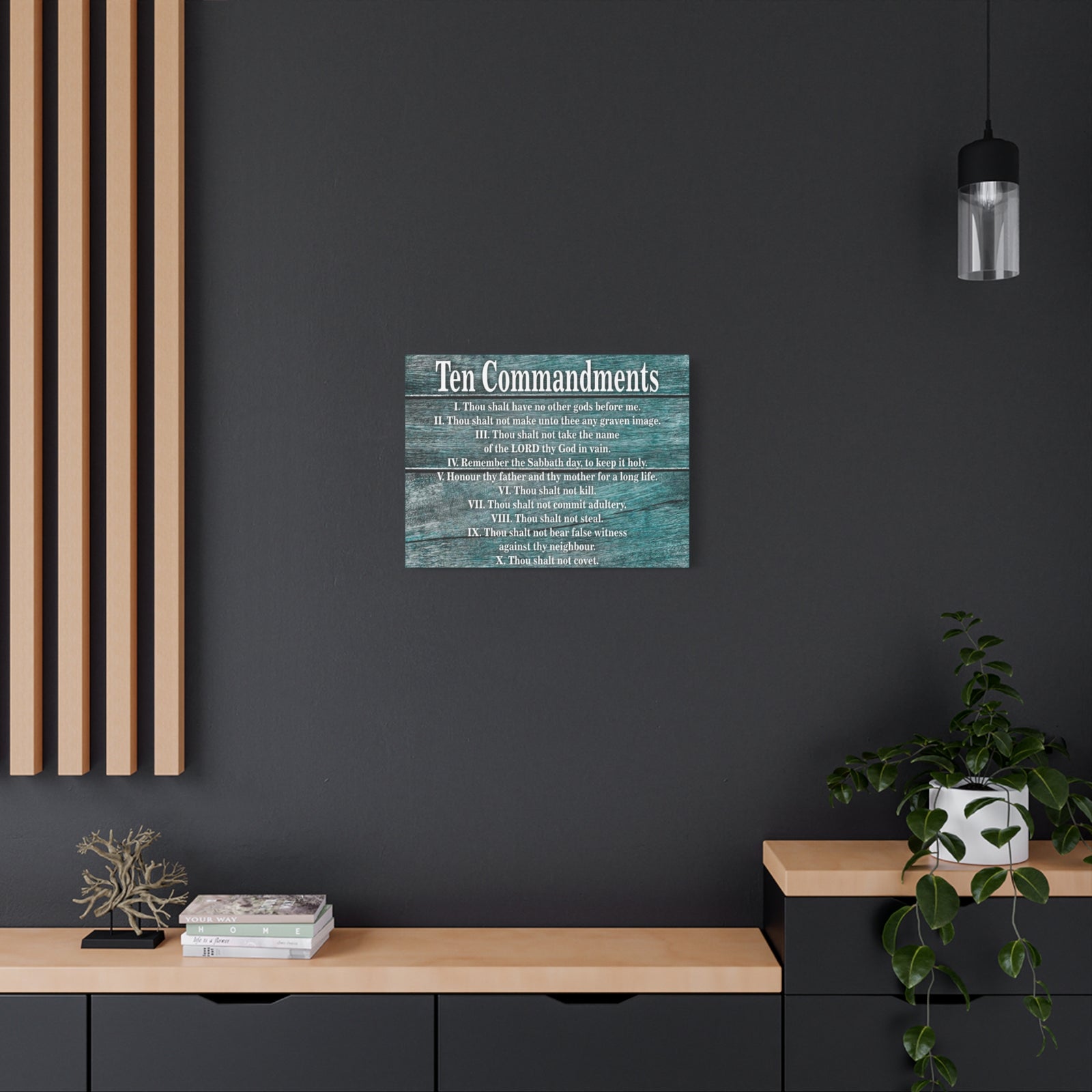 Scripture Canvas Ten Commandments Blue Wood Christian Wall Art Print Ready to Hang-Express Your Love Gifts