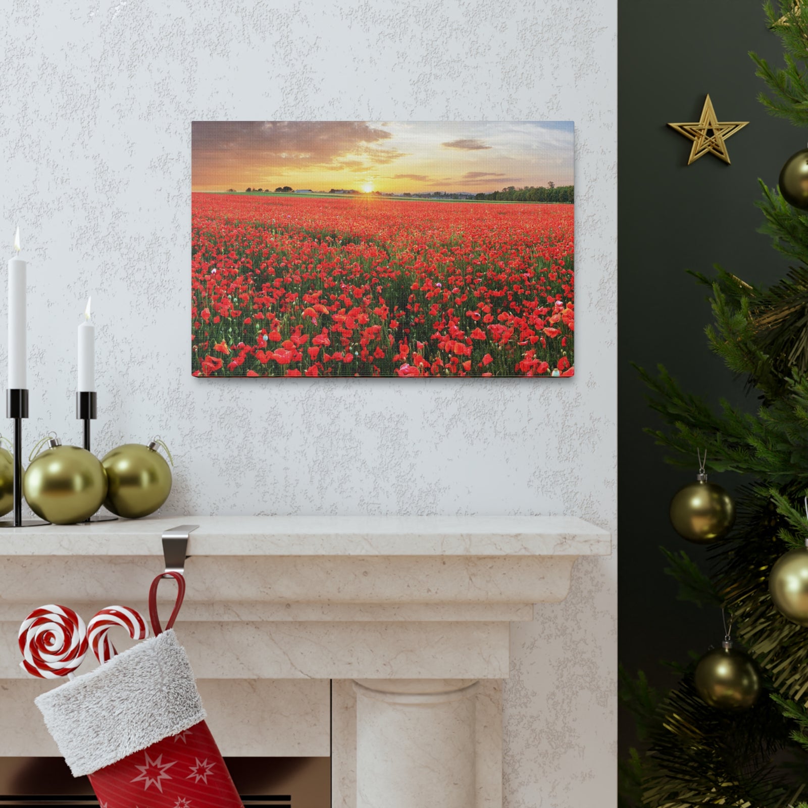Nice Sunset Over Poppy Field Flower Canvas Wall Art for Home Decor Ready-to-Hang-Express Your Love Gifts