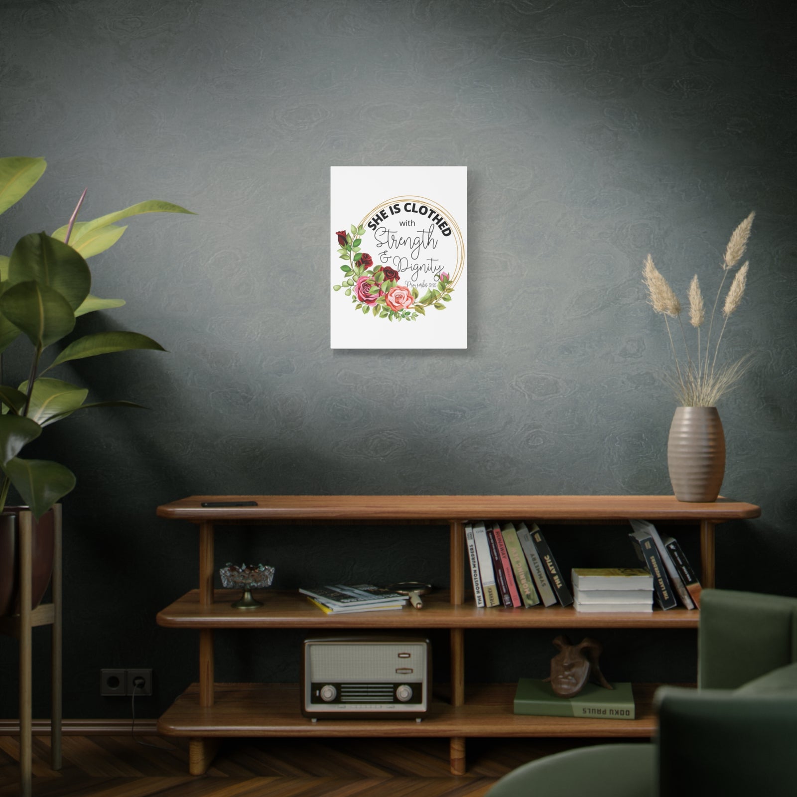 Scripture Walls Proverbs 31:25 Strength and Dignity Floral Wreath Bible Verse Canvas Christian Wall Art Ready to Hang Unframed-Express Your Love Gifts