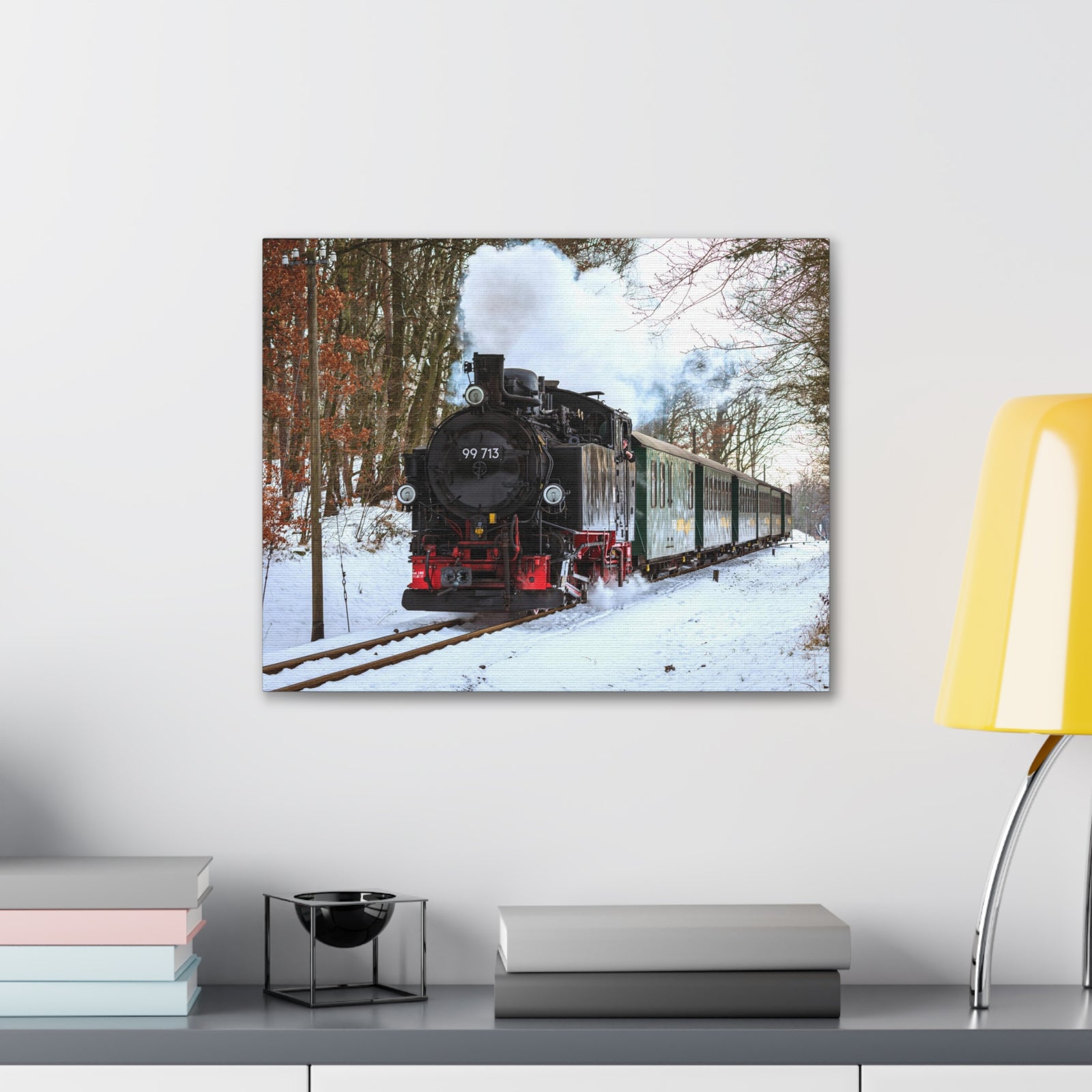 Steam Train Winter White Smoke Modern Multicolor Scenic Nature Photography Canvas Home Office Decor Ready to Hang-Express Your Love Gifts