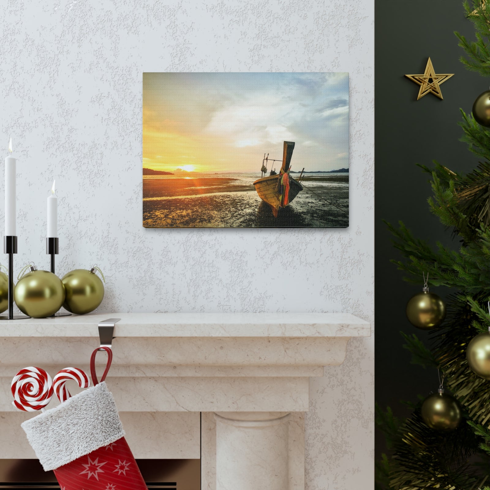 Longtail Boat Sunset Time Ocean Canvas Wall Art for Home Decor Ready-to-Hang-Express Your Love Gifts