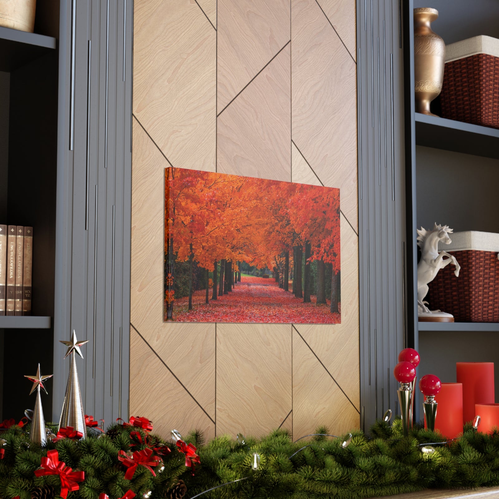 Autumn Forest Orange Leave Tree Trail Nature Wilderness Photography Canvas Wall Art for Home Decor Ready-to-Hang-Express Your Love Gifts