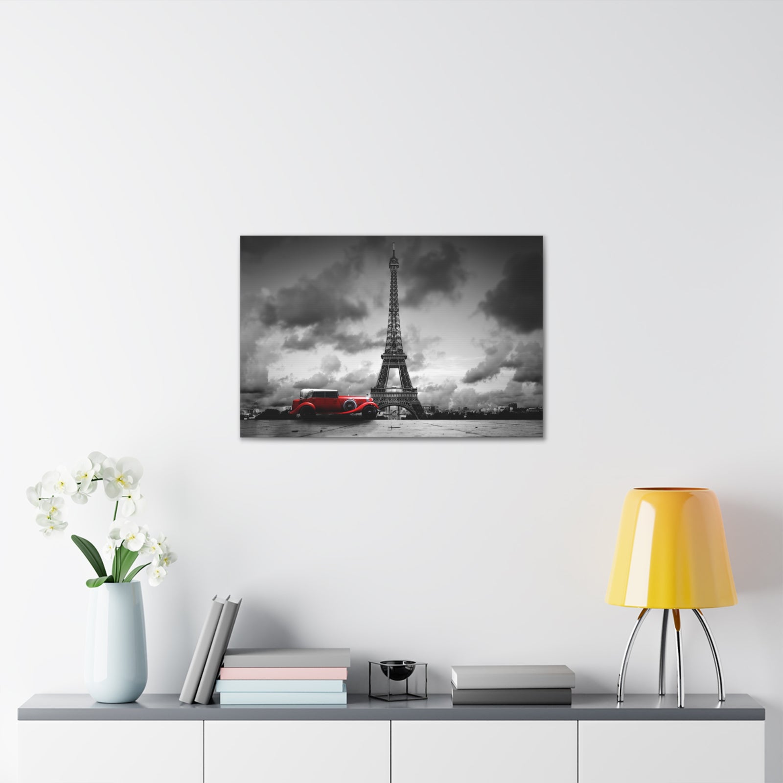 Eiffel Tower And Red Retro Car, France Canvas Artwork High-Quality Breathtaking French City for Home Decor Ready to Hang -Express Your Love Gifts