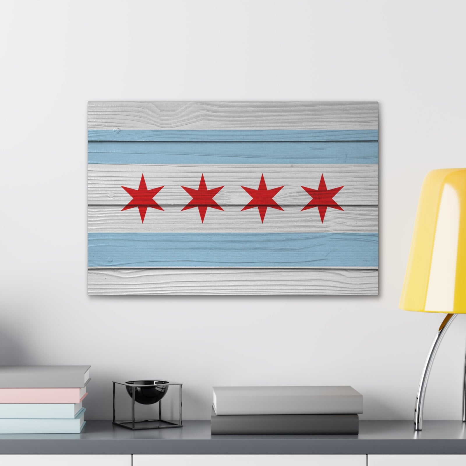 Wooden Chicago Flag Handpainted Art Canvas Wall Art for Home Decor Ready-to-Hang-Express Your Love Gifts