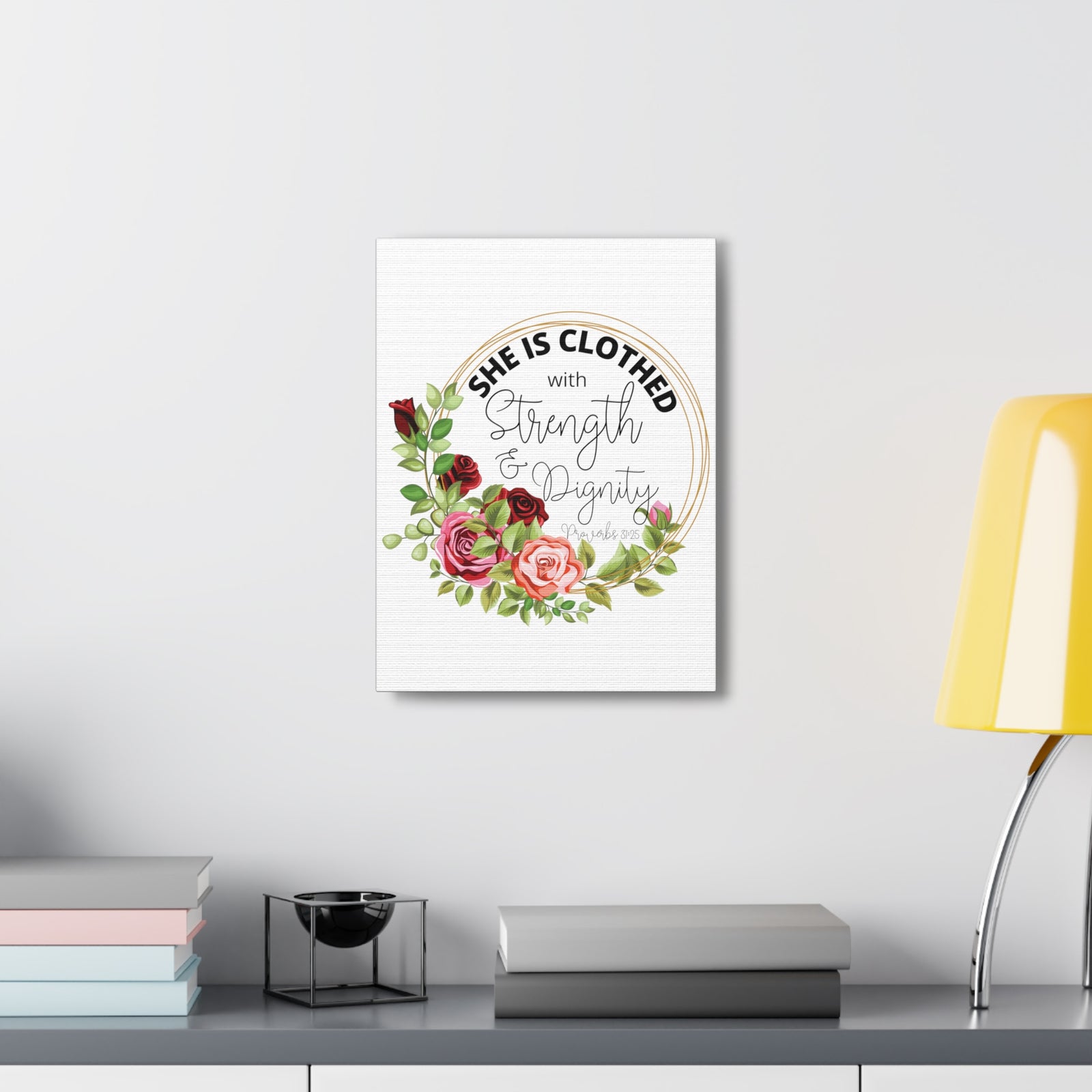 Scripture Walls Proverbs 31:25 Strength and Dignity Floral Wreath Bible Verse Canvas Christian Wall Art Ready to Hang Unframed-Express Your Love Gifts