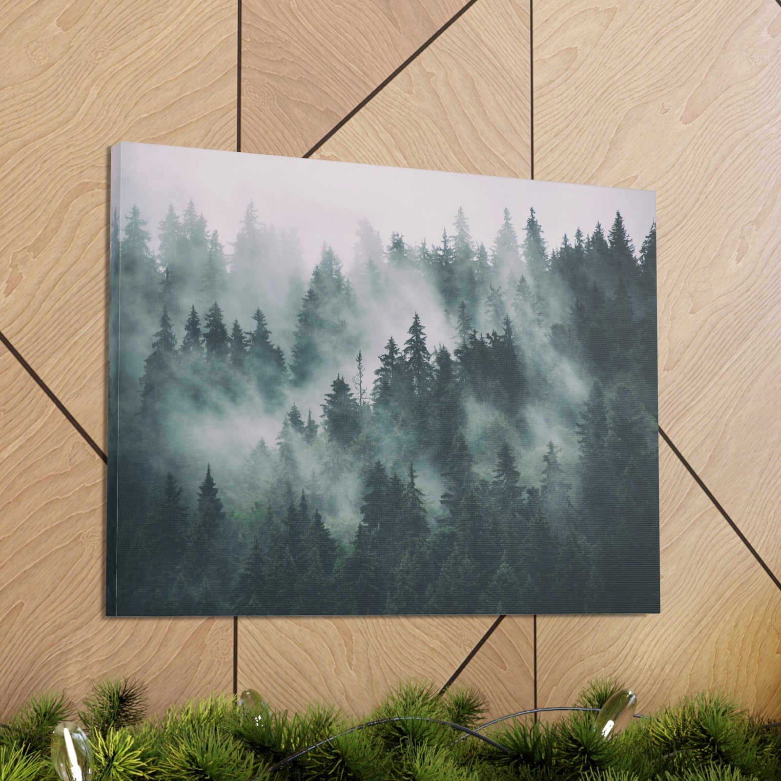 Misty Green Forest Pine Tree Nature Wilderness Photography Canvas Wall Art for Home Decor Ready-to-Hang-Express Your Love Gifts