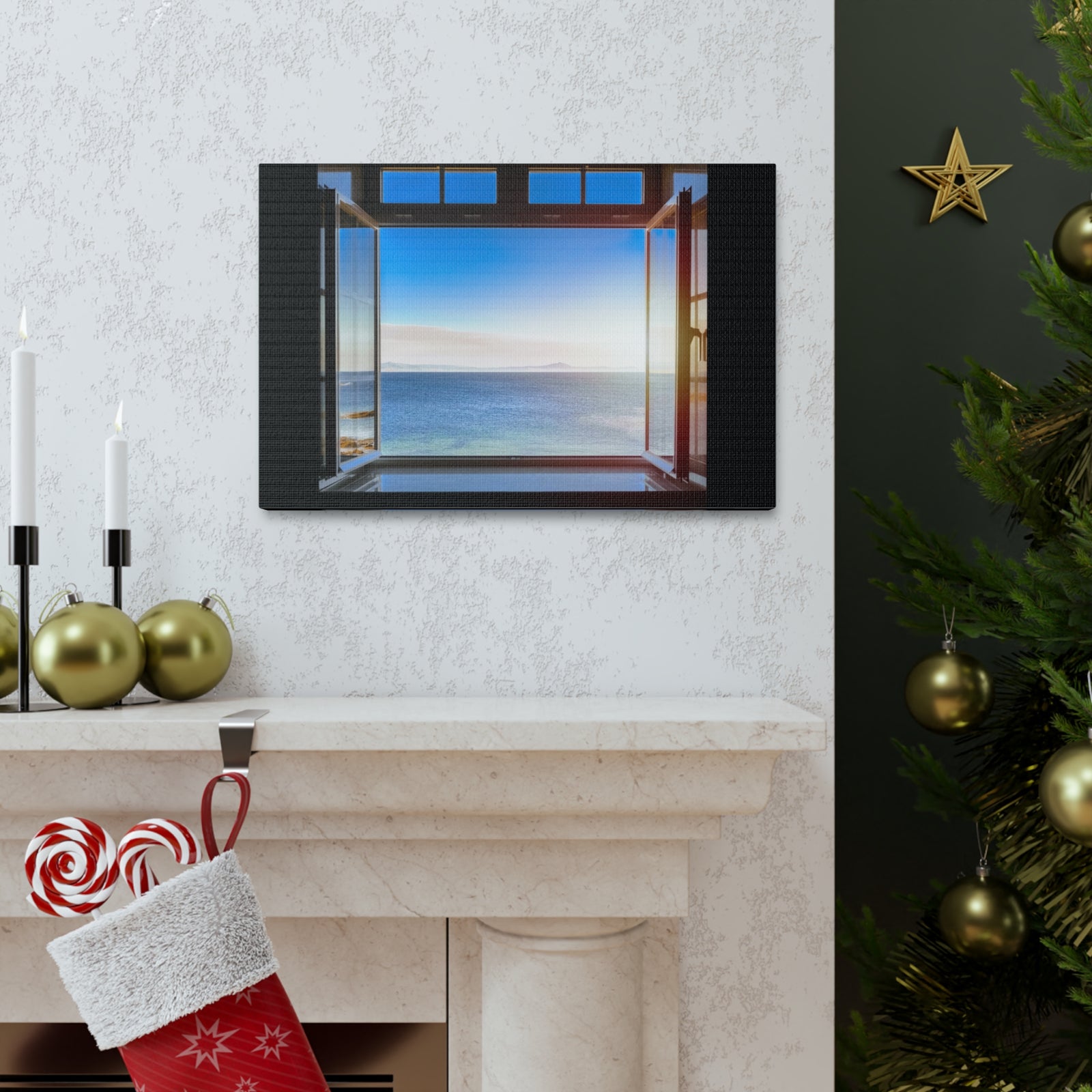 Dark Room Sunset Sea View Open Window Ocean Canvas Wall Art for Home Decor Ready-to-Hang-Express Your Love Gifts